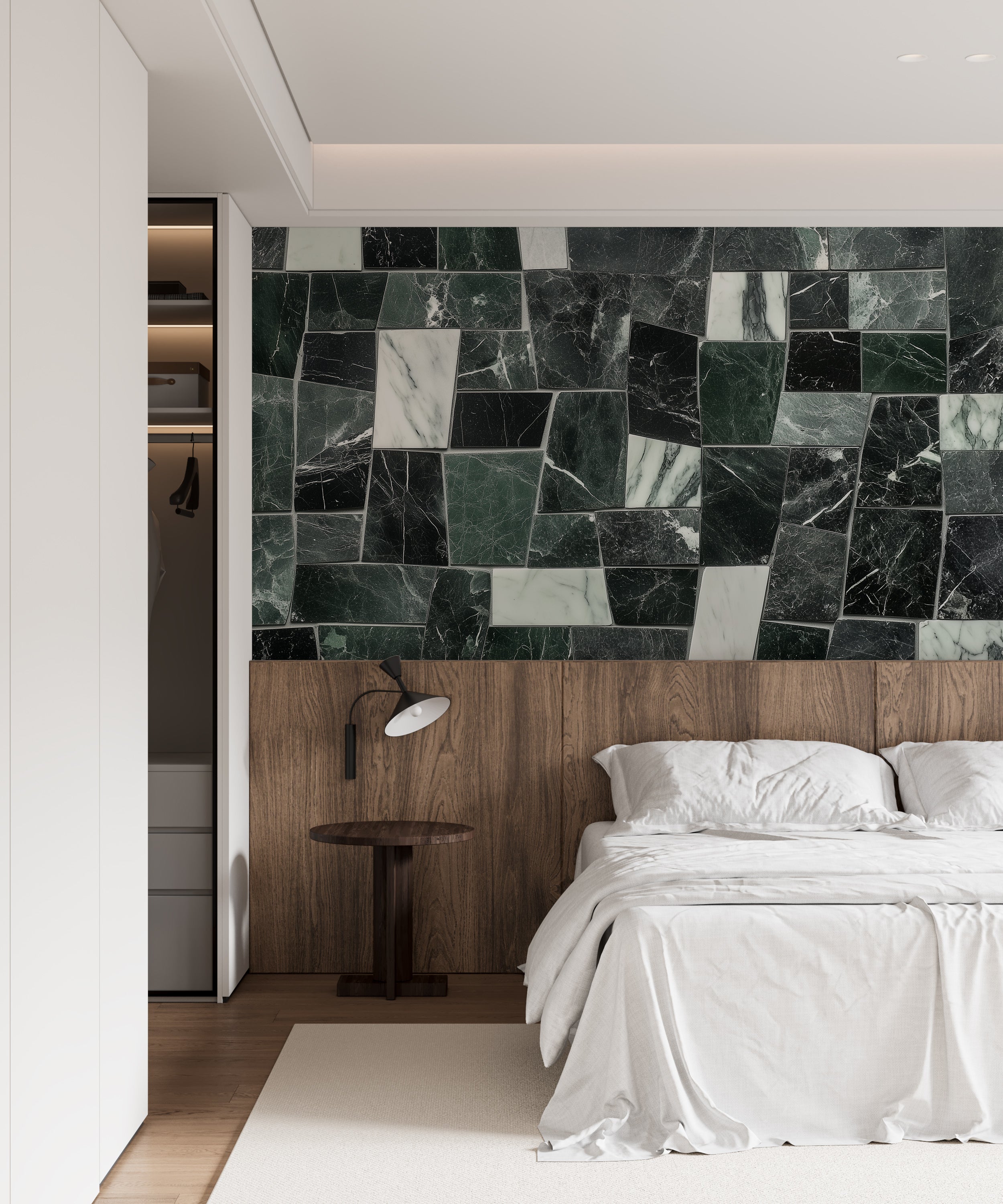 Marble shapes wall mural in soft green and grey tones.
Peel-and-stick stone texture mural with green and grey marble.