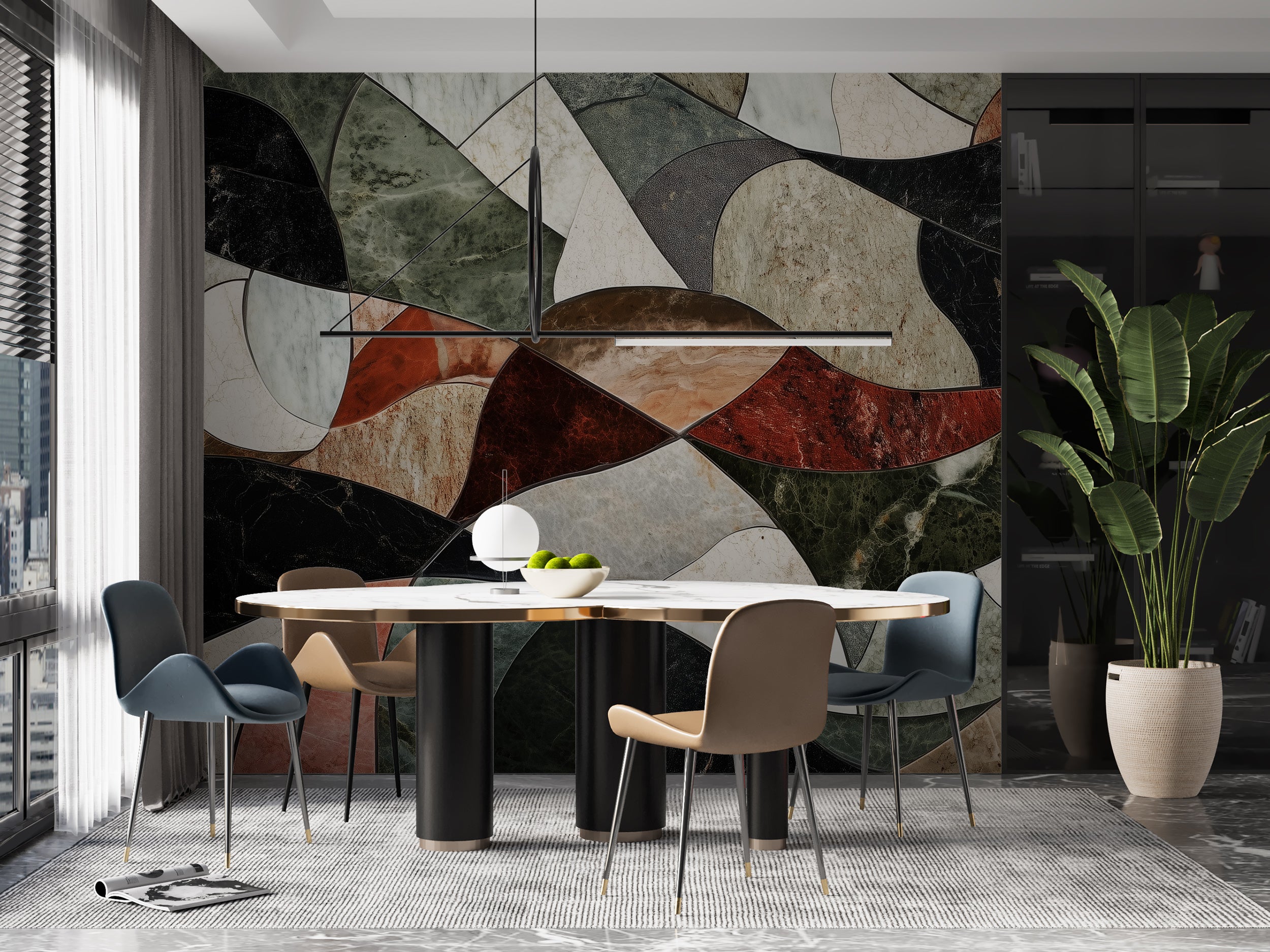 Colorful Marble Mosaic Mural, Abstract Stone Tiles Shapes Wallpaper, Peel and Stick Geometric Marble Wall Decor