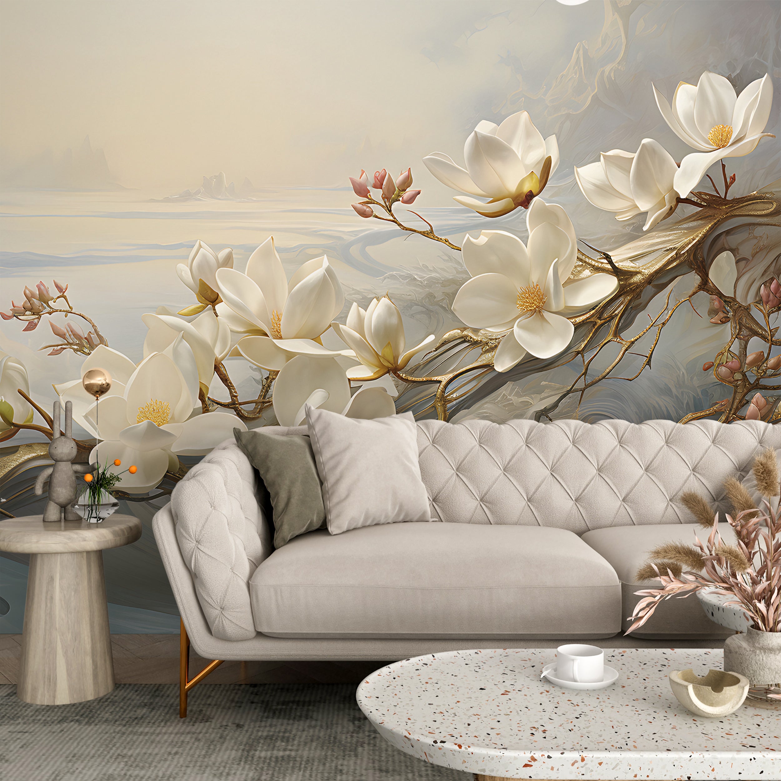 Botanical Wallpaper with Magnolia Blooms