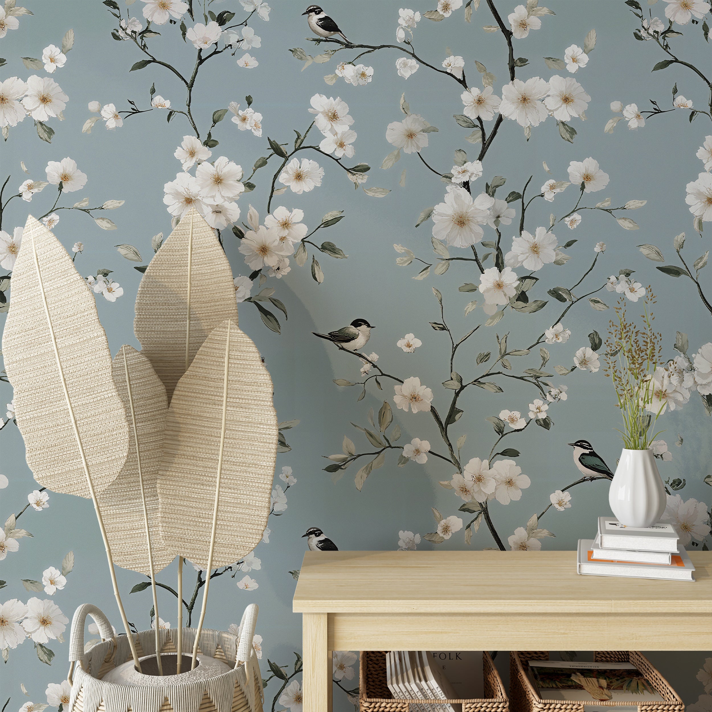 Baby Blue Chinoiserie Wallpaper, Soft Floral Wall Decor, Peel and Stick Birds and Flowers Wallpaper