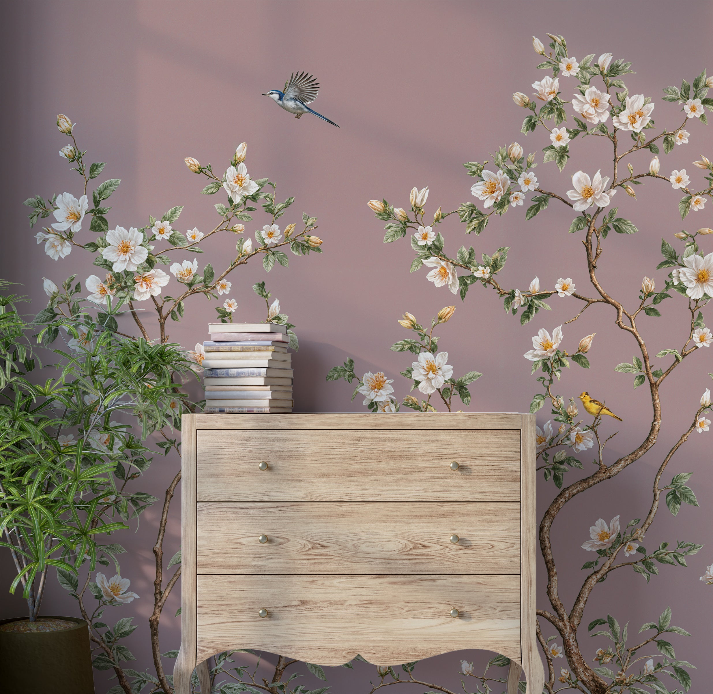 Dusty Rose Chinoiserie Wallpaper with White Cherry Blossoms and Birds Botanical Tree Branch Removable Wall Mural