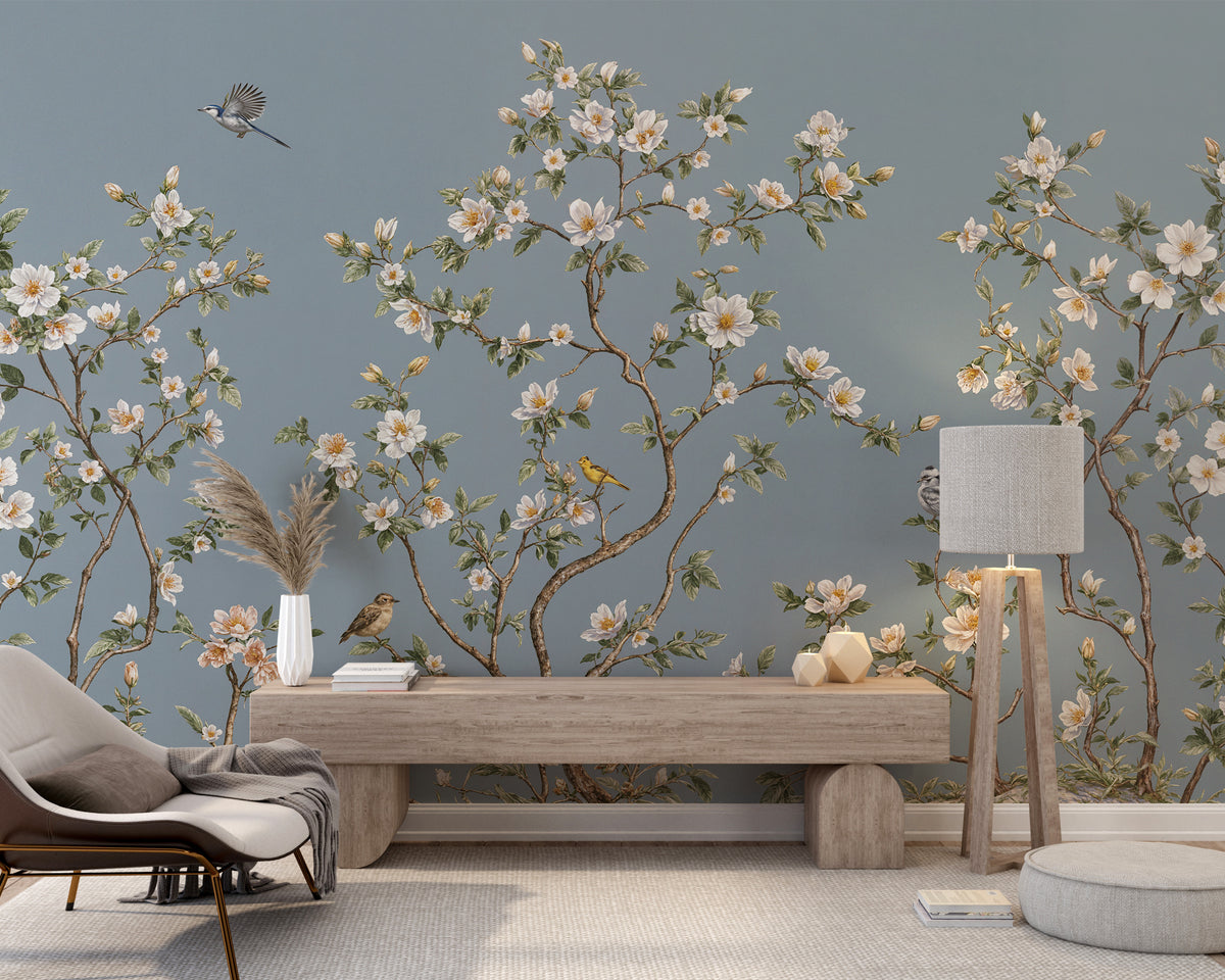 Dusty Blue Chinoiserie Wallpaper with White Cherry Blossoms and Songbi