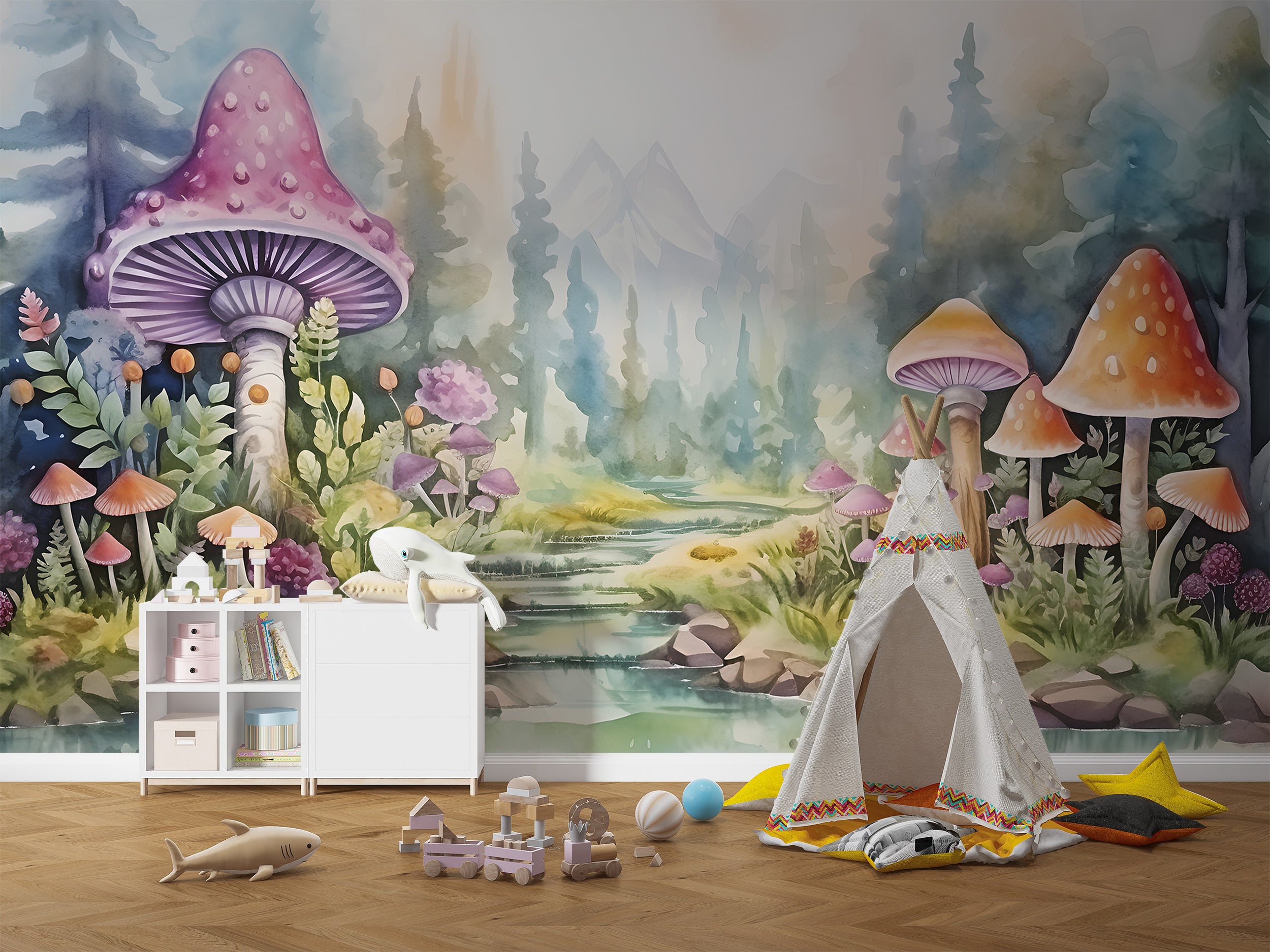 Watercolor Mushrooms Fairy Forest Mural