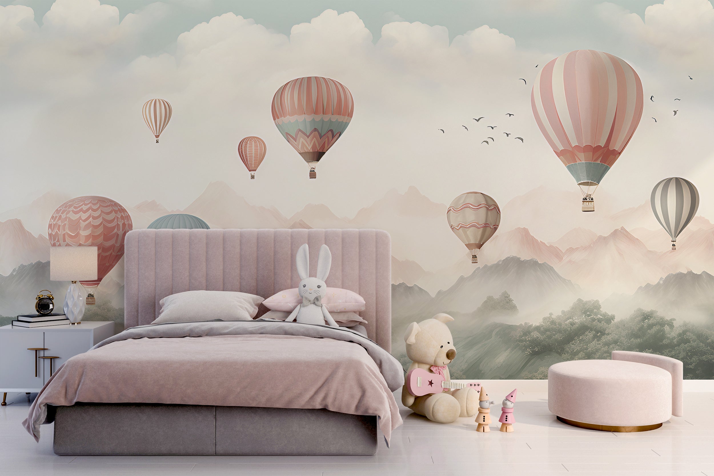 Outlet Kids wallpaper,Fly with Hot Air Balloon,Animals Wall Mural,Beige and Blue Nursery, Vinyl or Self Adhesive