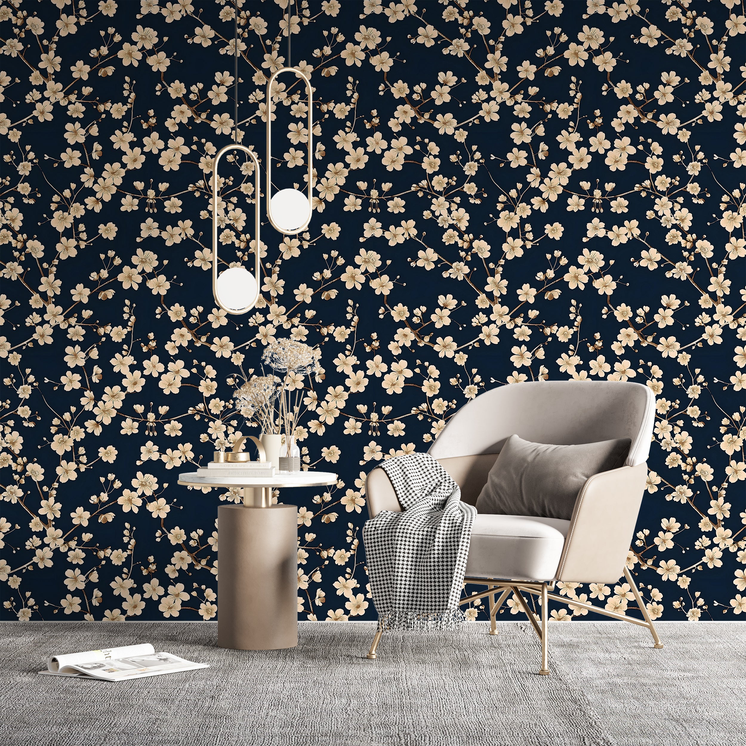 Botanical Wallpaper with Navy Blue Background Beige Flowers on Dark Blue Background Wall Decal