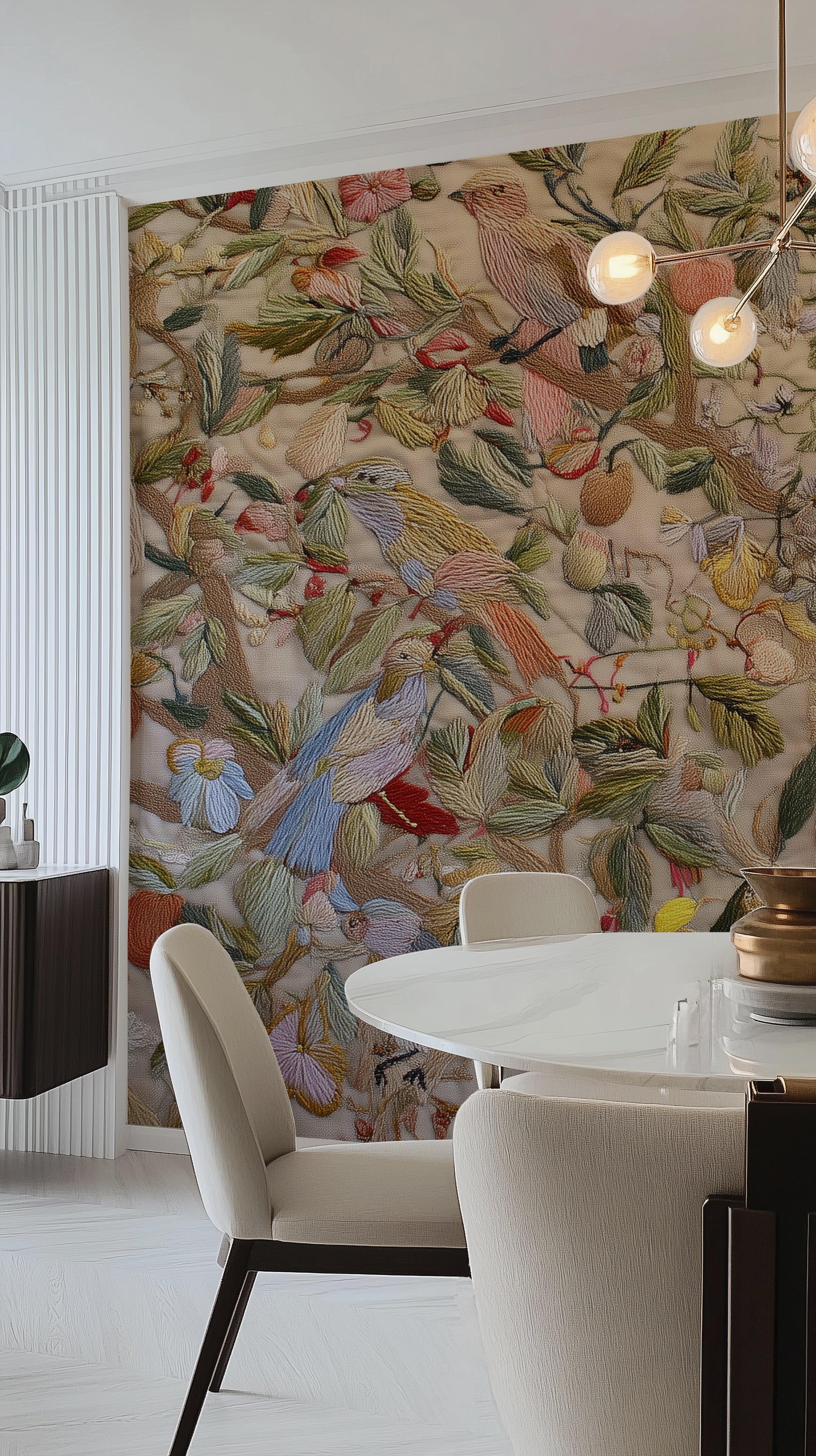 Colorful Blossom Tree Mural with Threaded Parrots and Fruit Inspired Garden Peel and Stick Wallpaper