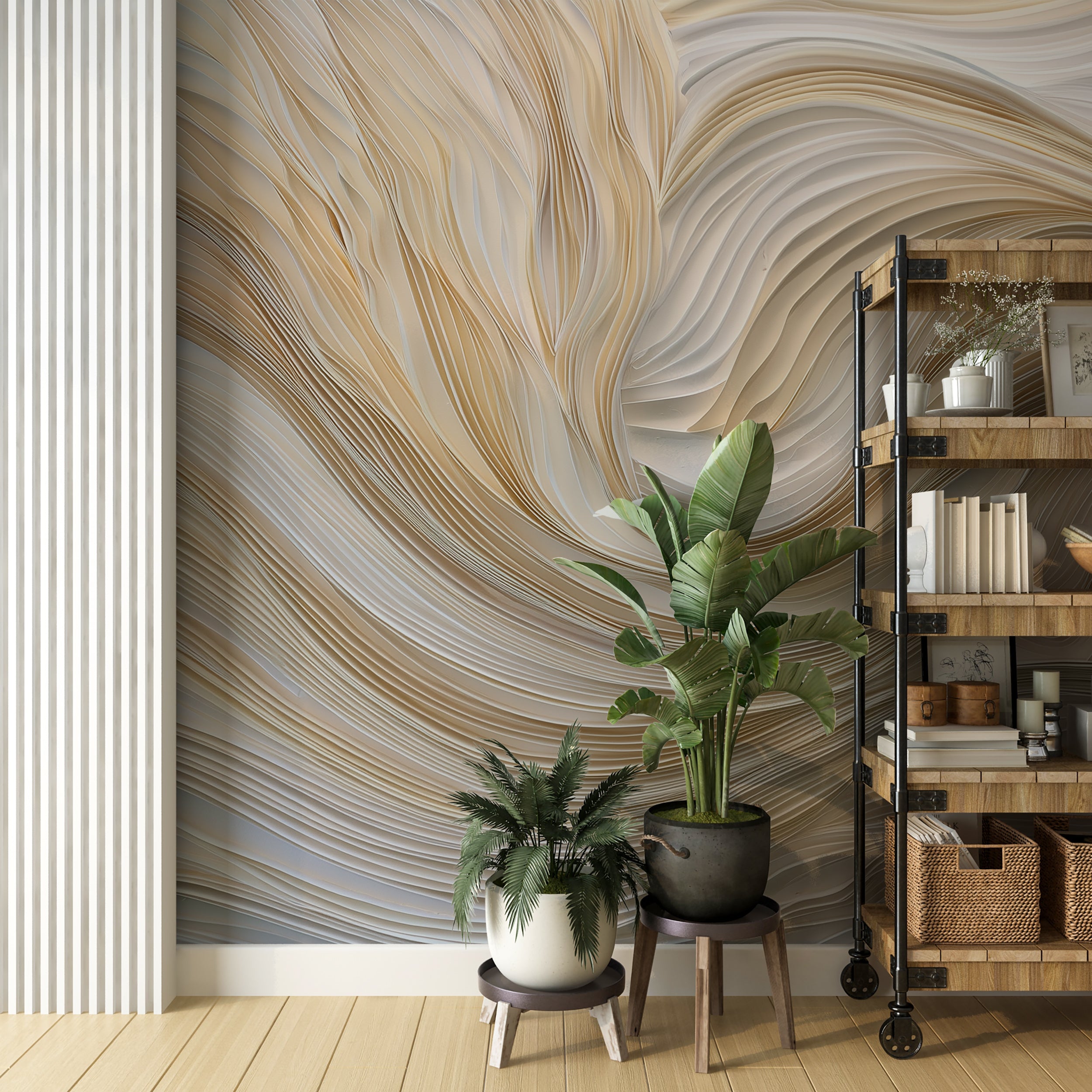 Light Beige Folded Paper Wavy Line Art Mural in Soft Abstract Style Peel and Stick Accent Wallpaper