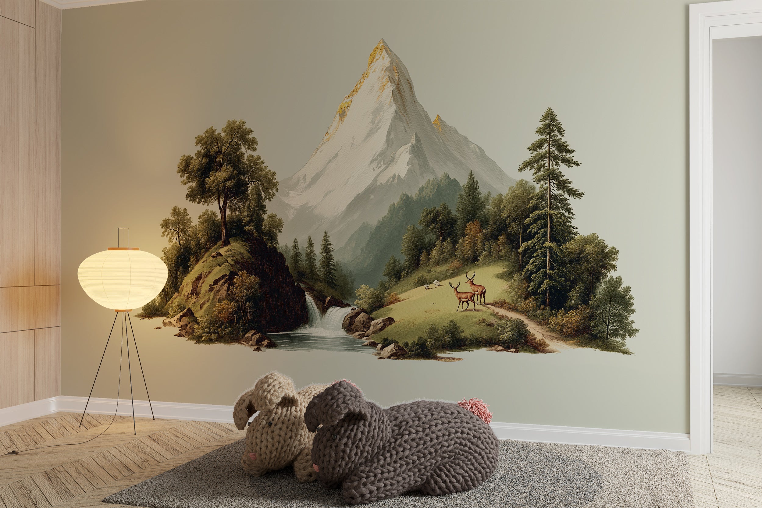 Mountain Forest and Waterfall Wall Mural in Soft Green Landscape Peel and Stick Nature Wallpaper