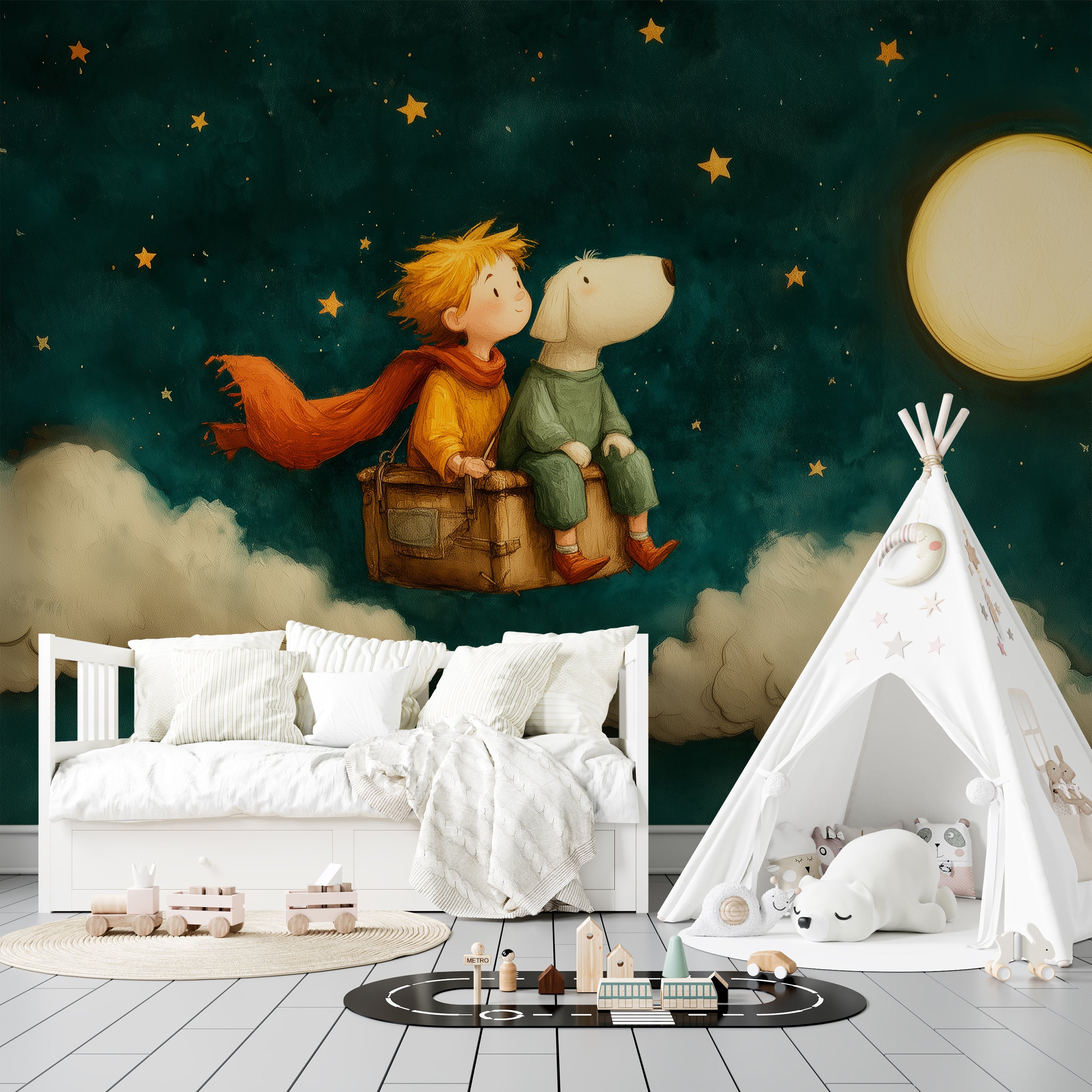 Dreamy Starry Night Wall Mural with Cartoon Moon Clouds and Stars Nursery Peel and Stick Wallpaper