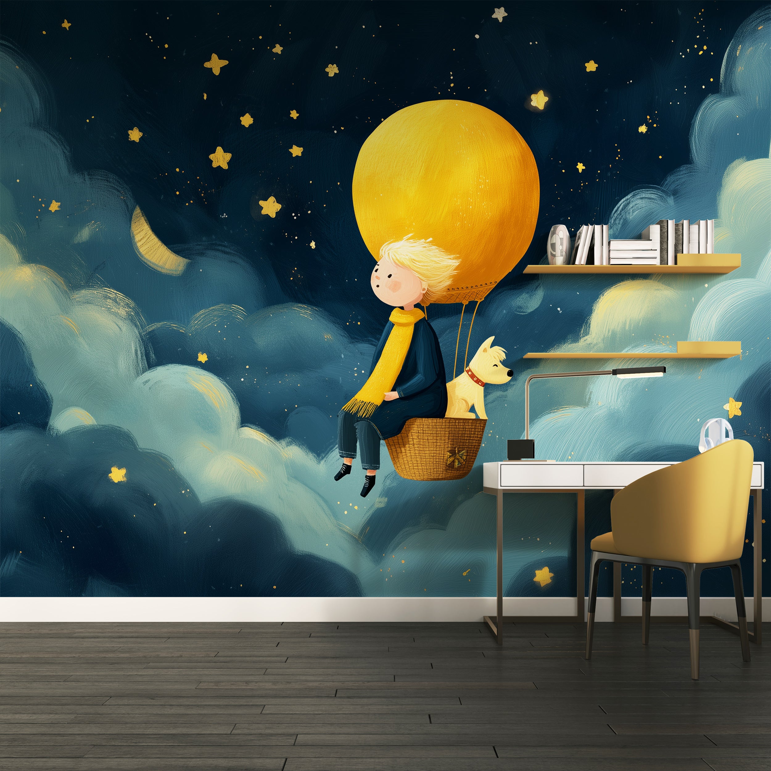 Boy and Dog in Yellow Hot Air Balloon Starry Sky Adventure Nursery Wall Mural Peel and Stick Wallpaper