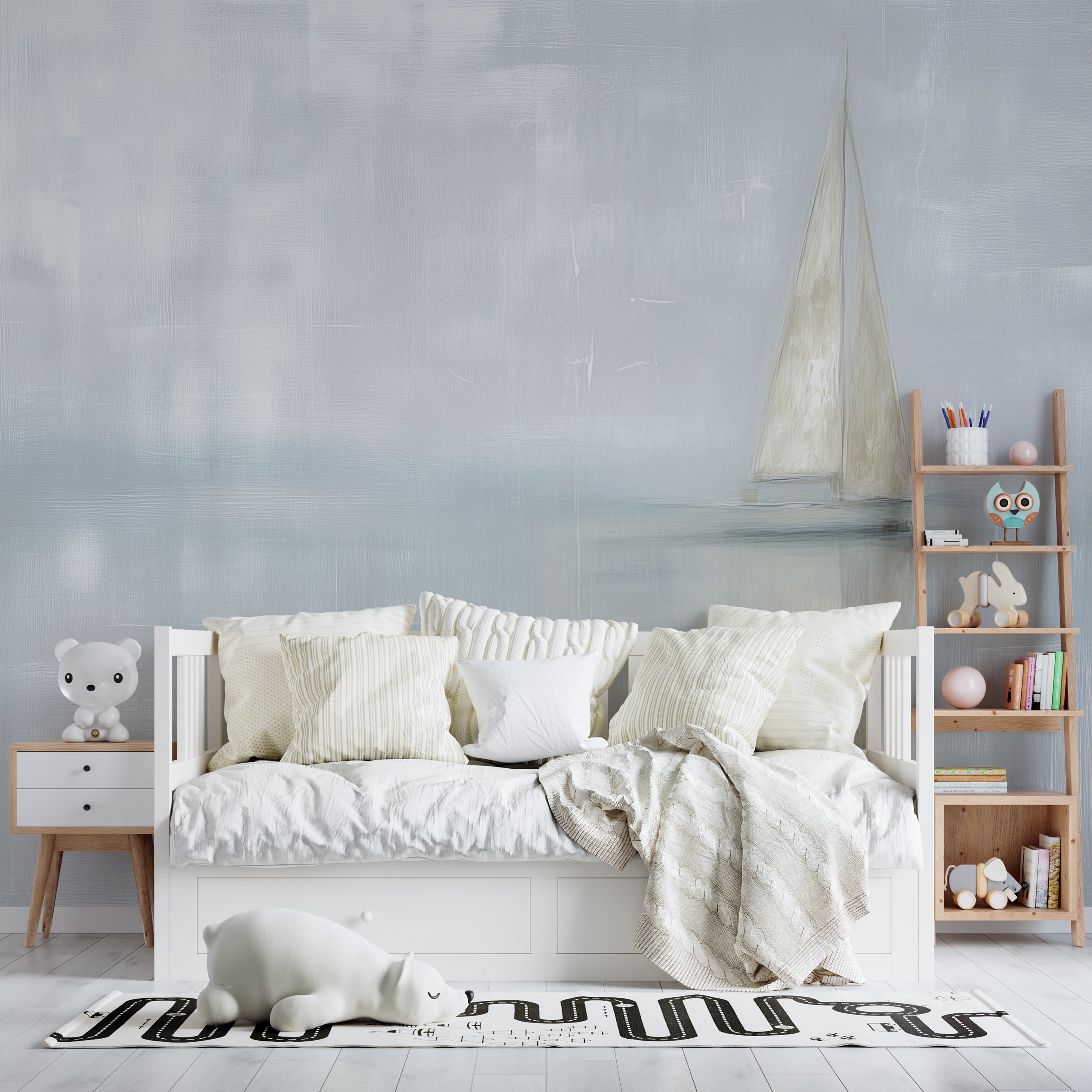White Sailboat Wall Mural in Light Blue Watercolor Ocean Style Removable Minimalist Wallpaper