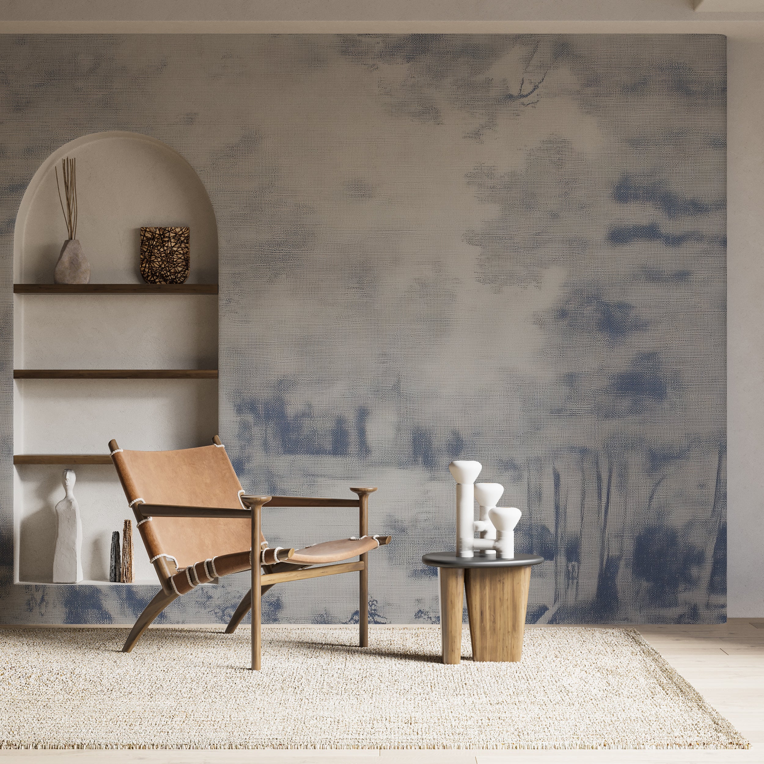 Blue Trees Wall Mural on White Linen Inspired Background in Old Style Washed Out Forest Design