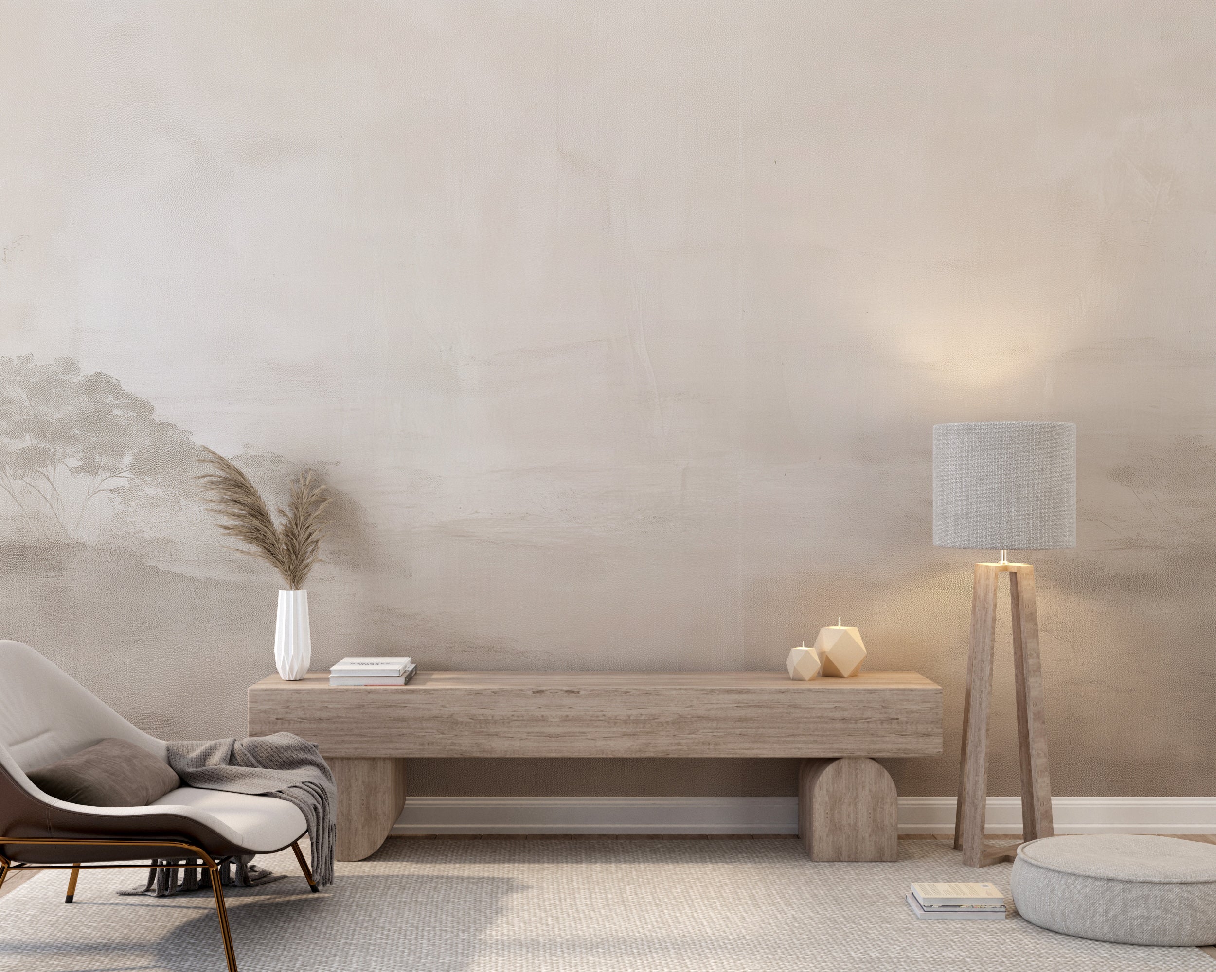 Hand Drawn Landscape Mural in Old Paper Style with Vintage Washed Out Trees on Beige Background Peel and Stick Wallpaper