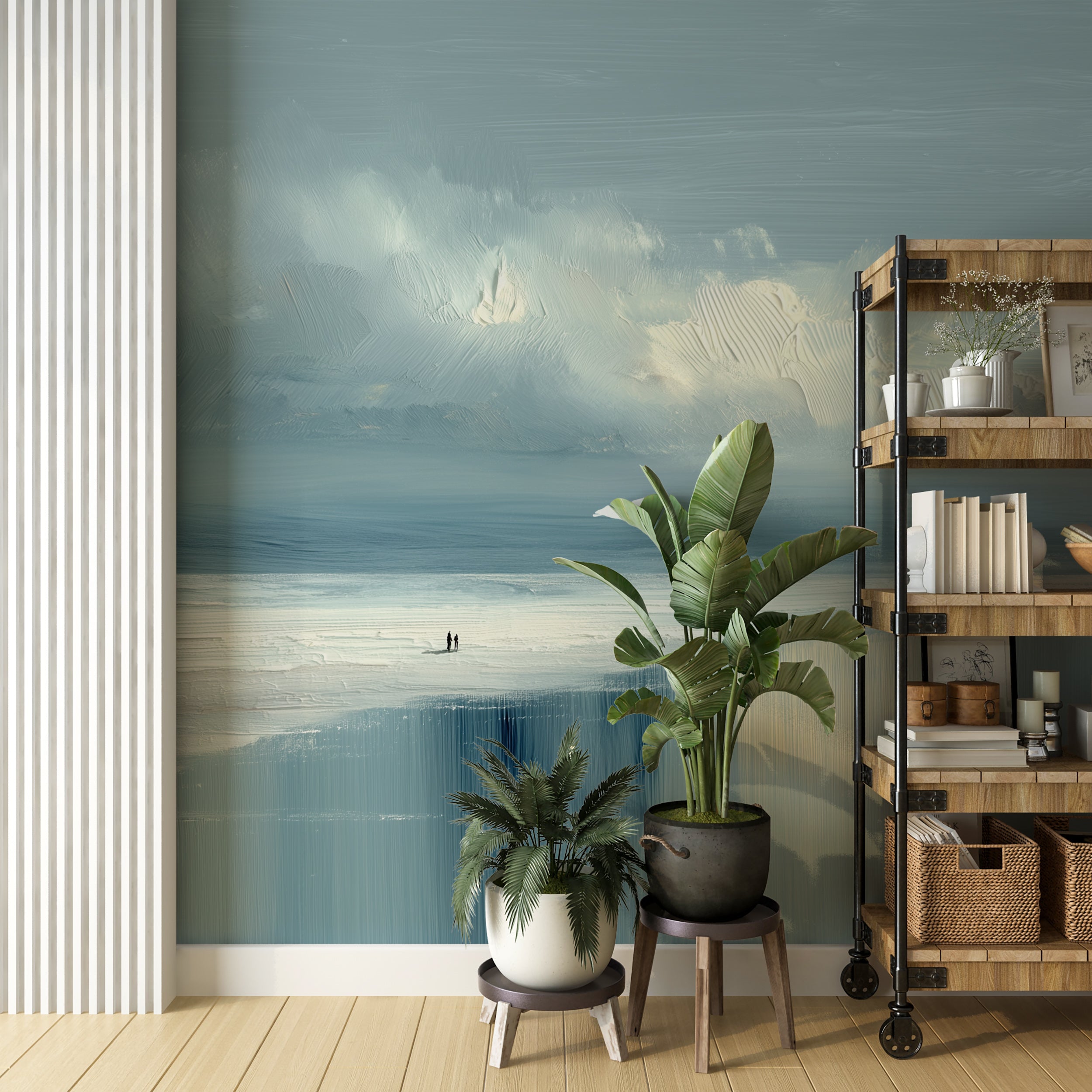 Calm Ocean Oil Painting Wall Mural with Blue Cloudy Sky Coastal Peel and Stick Accent Wallpaper