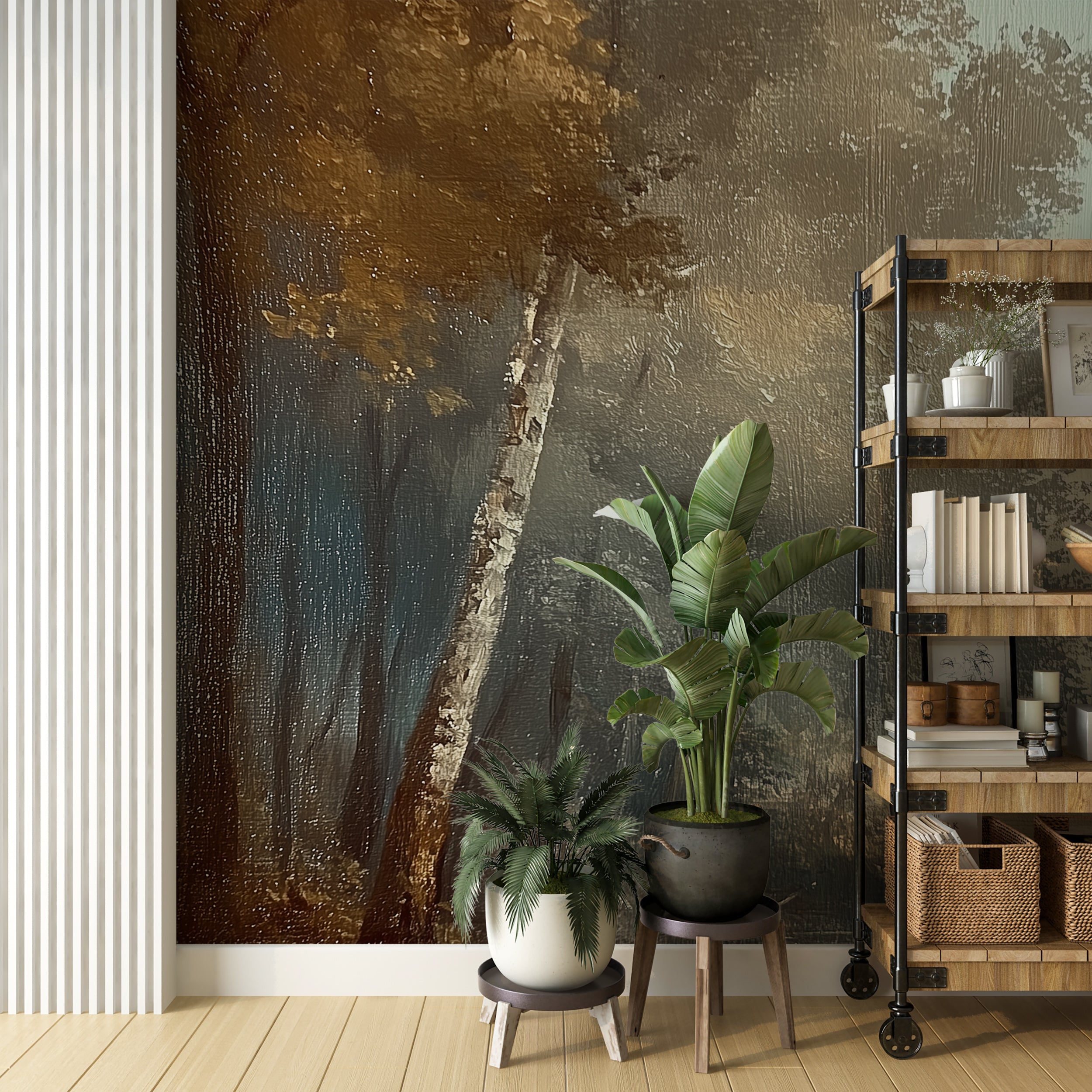Birch Forest on the Lake Mural in Calm Nature Oil Painting Style Peel and Stick Rental Friendly Wallpaper