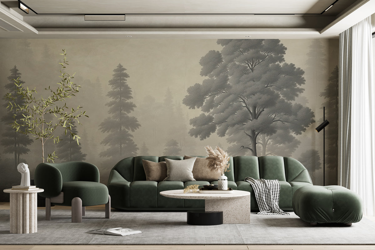 Grey Monochrome Forest Wall Mural with Washed Out Pine Trees Peel and ...