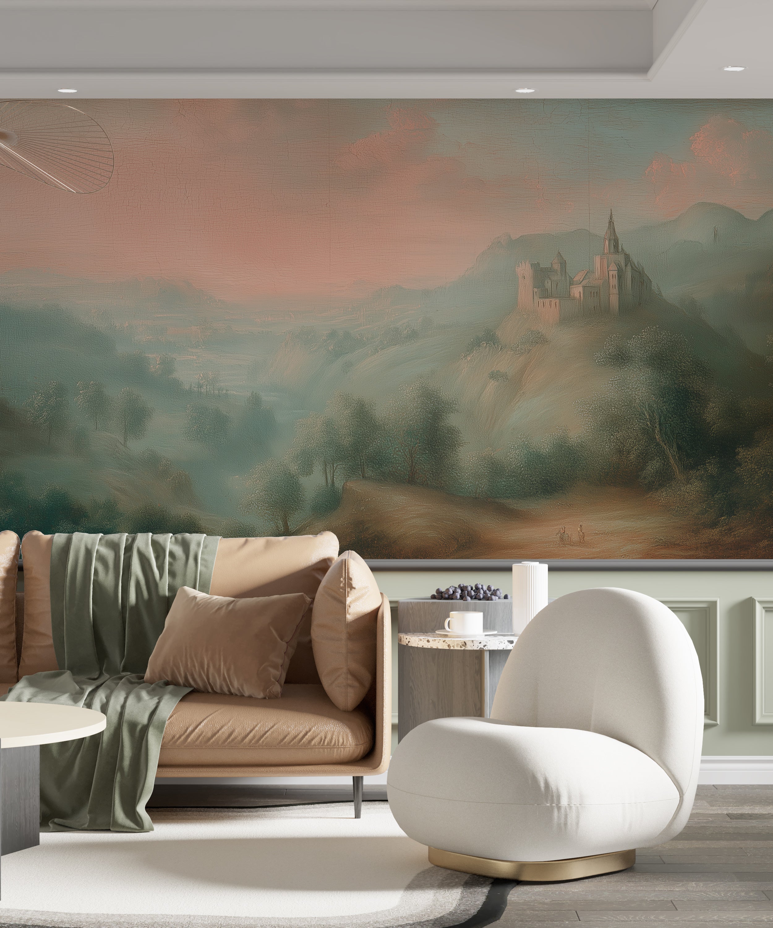 Castle on the Hill Oil Painting Wall Mural with Warm Sunset Landscape and Vintage Scenic Peel and Stick Wallpaper