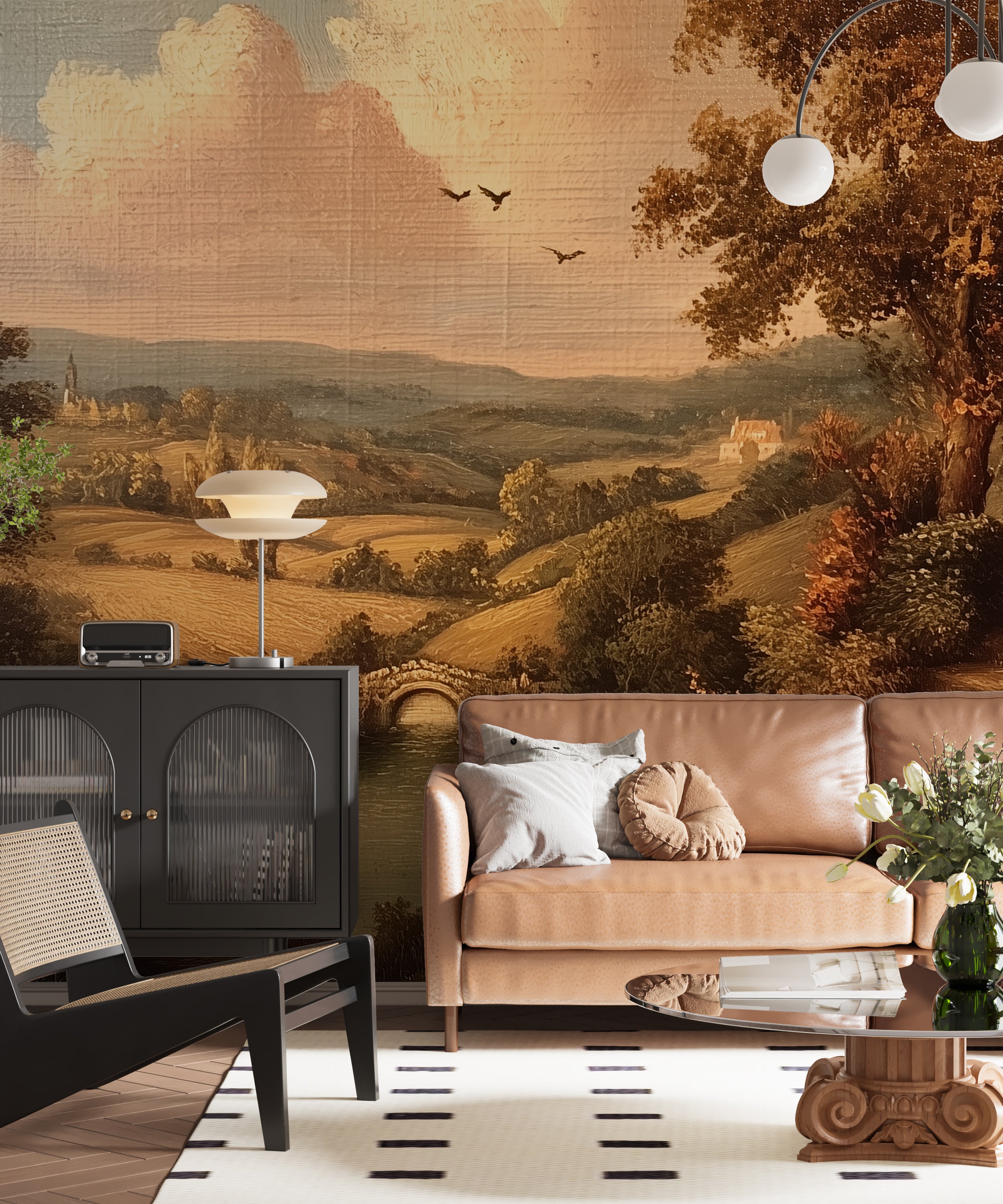 Vintage Scenic Landscape Wall Mural in Oil Painting Style with Old World Peel and Stick Wallpaper Design