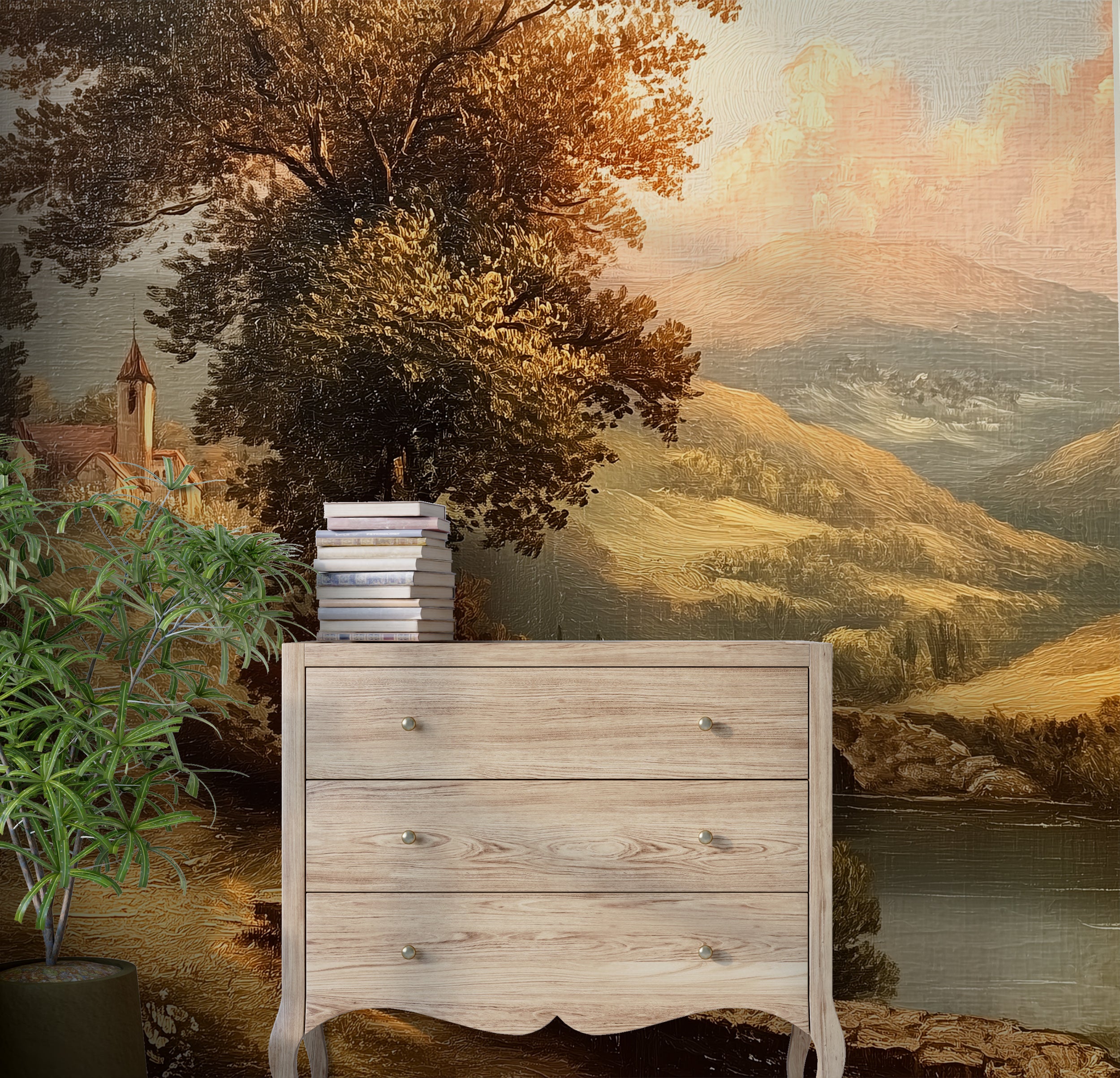 Old Oil Painting Landscape Mural with Castle and Bridge in Vintage Scenic Peel and Stick Wallpaper