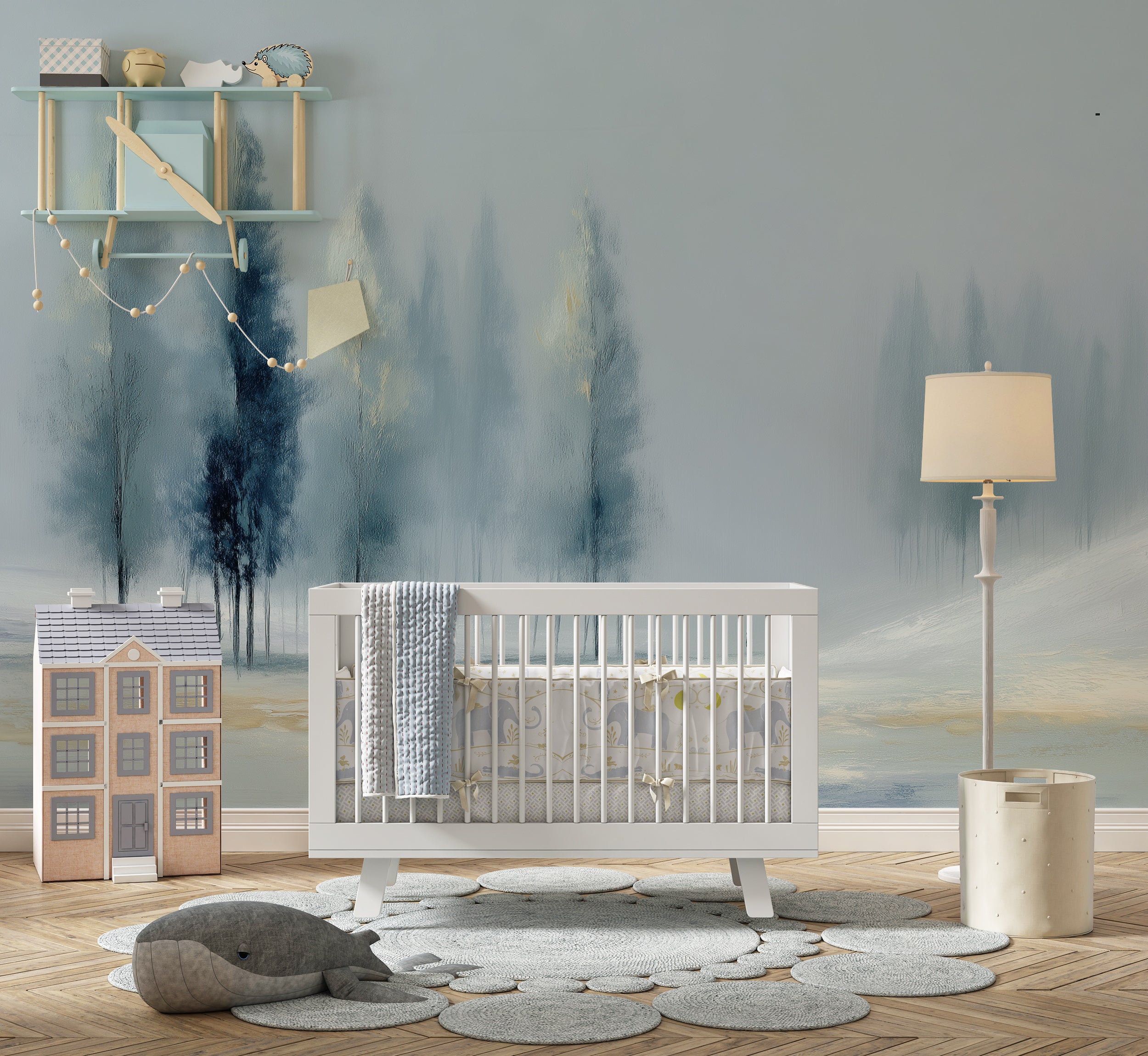 Dusty Blue Trees Scenic Wall Mural in Minimalist Forest Landscape Peel and Stick Wallpaper