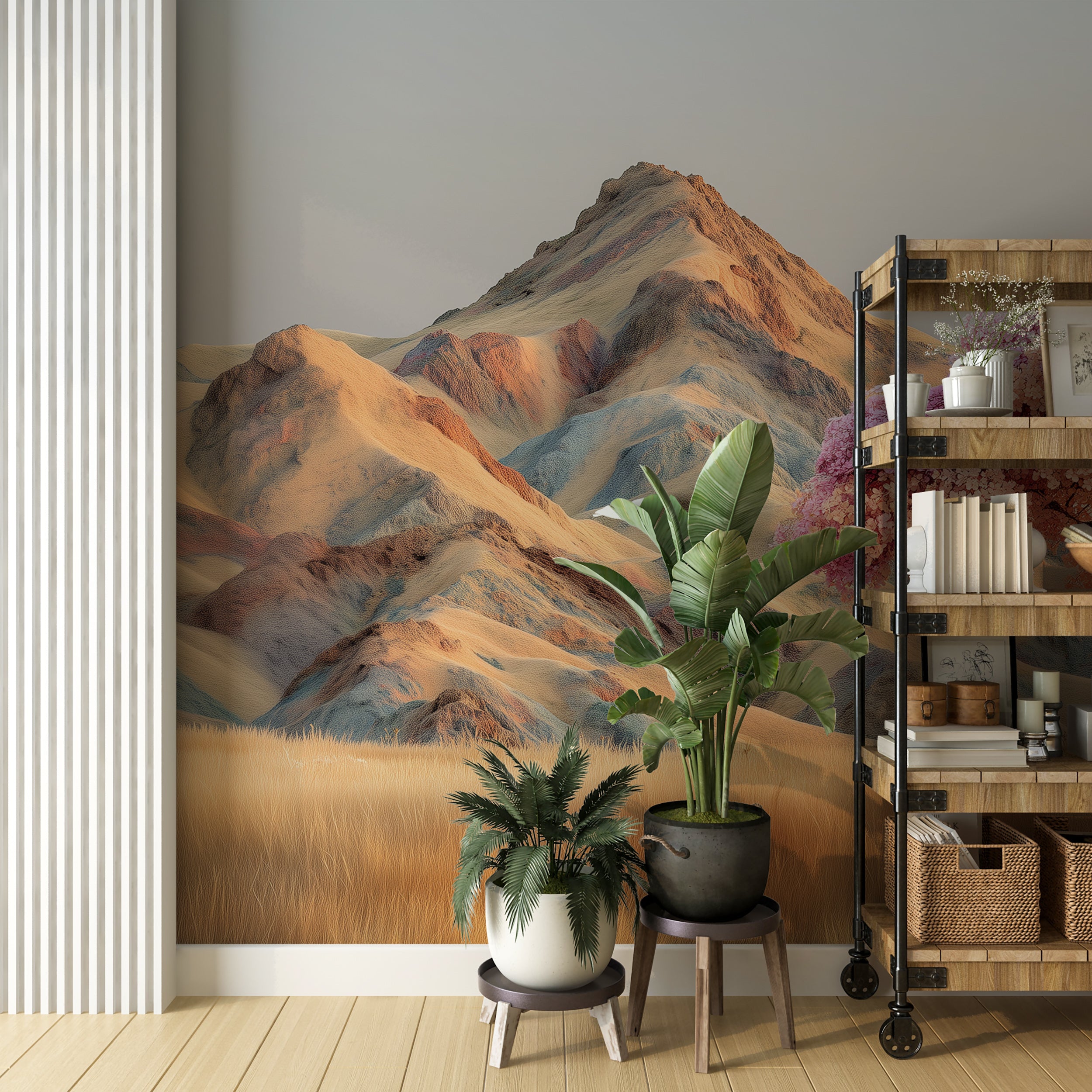 Colorful Blossom Tree and Mountain Mural in Desert Oasis Style Peel and Stick Accent Wallpaper