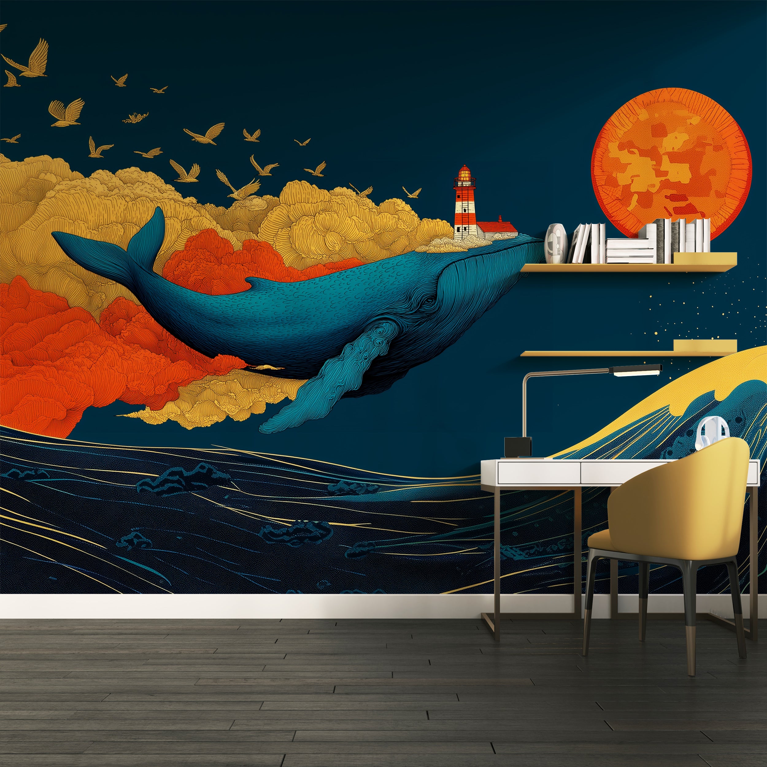 Abstract whale wall mural

Mid-century ocean wallpaper