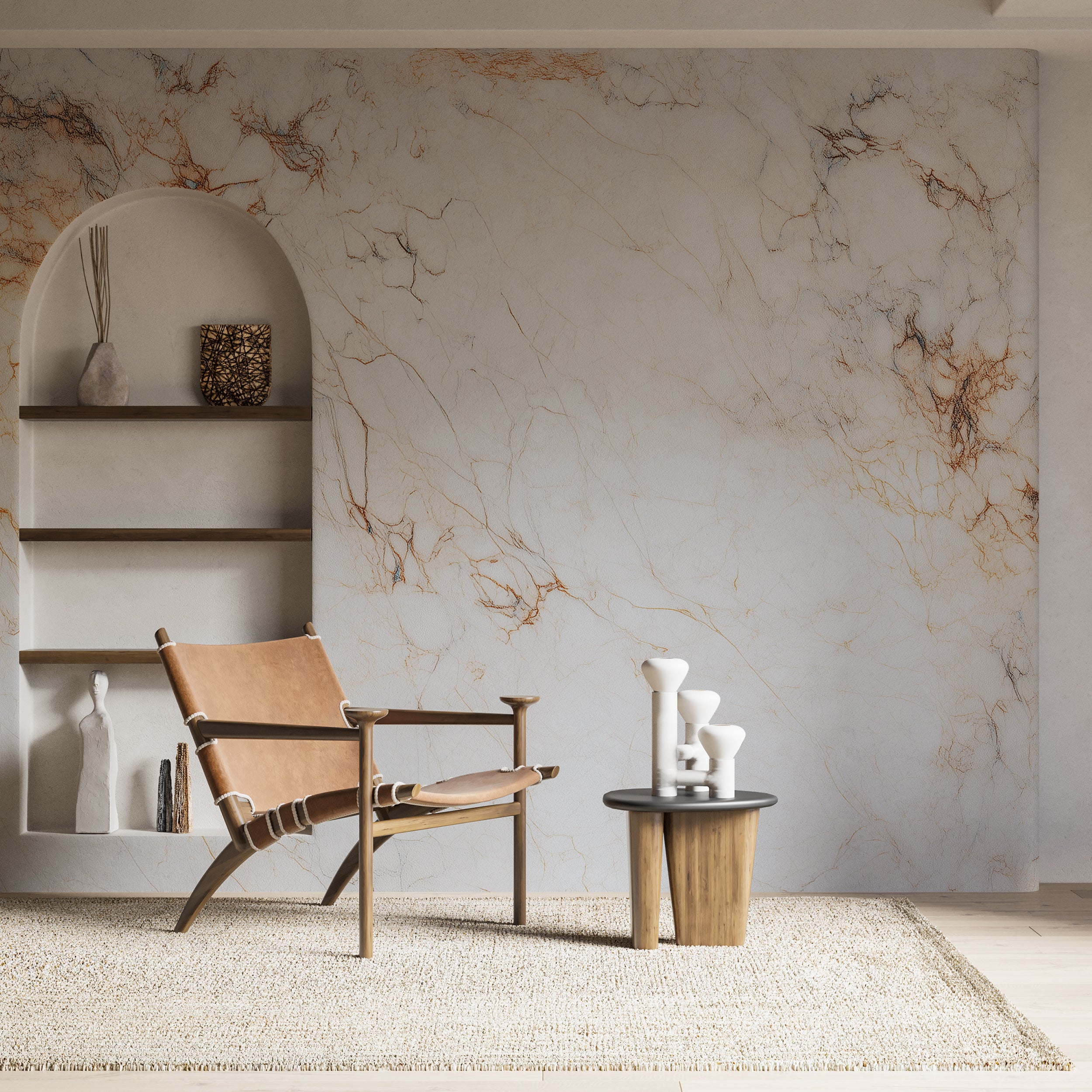 White and Beige Marble Wall Mural with Light Stone Texture and Brown Veins Luxury Peel and Stick Wallpaper