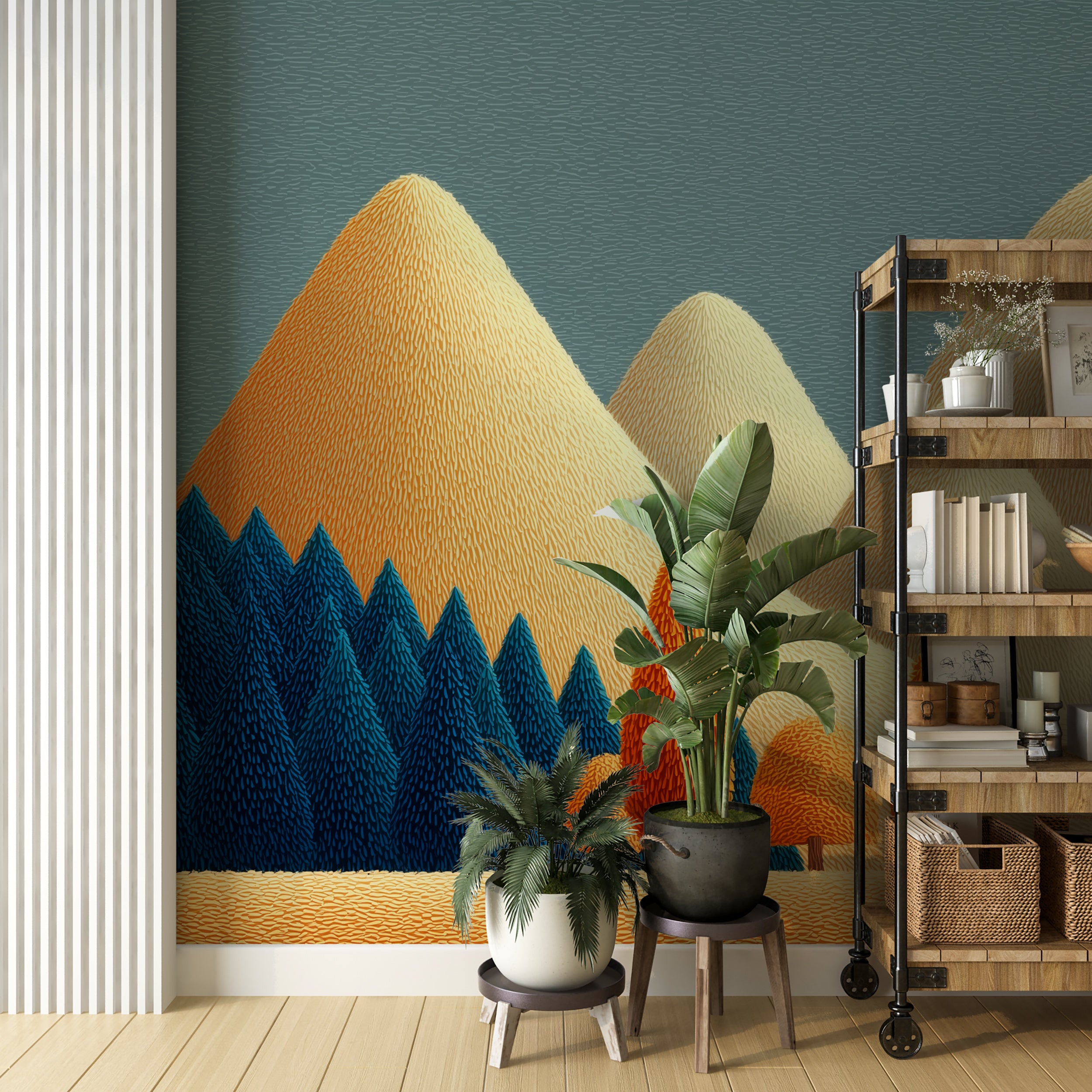 Abstract Mountains and Trees Wall Mural in Beige and Blue Landscape Illustration for Kids Room Peel and Stick Wallpaper