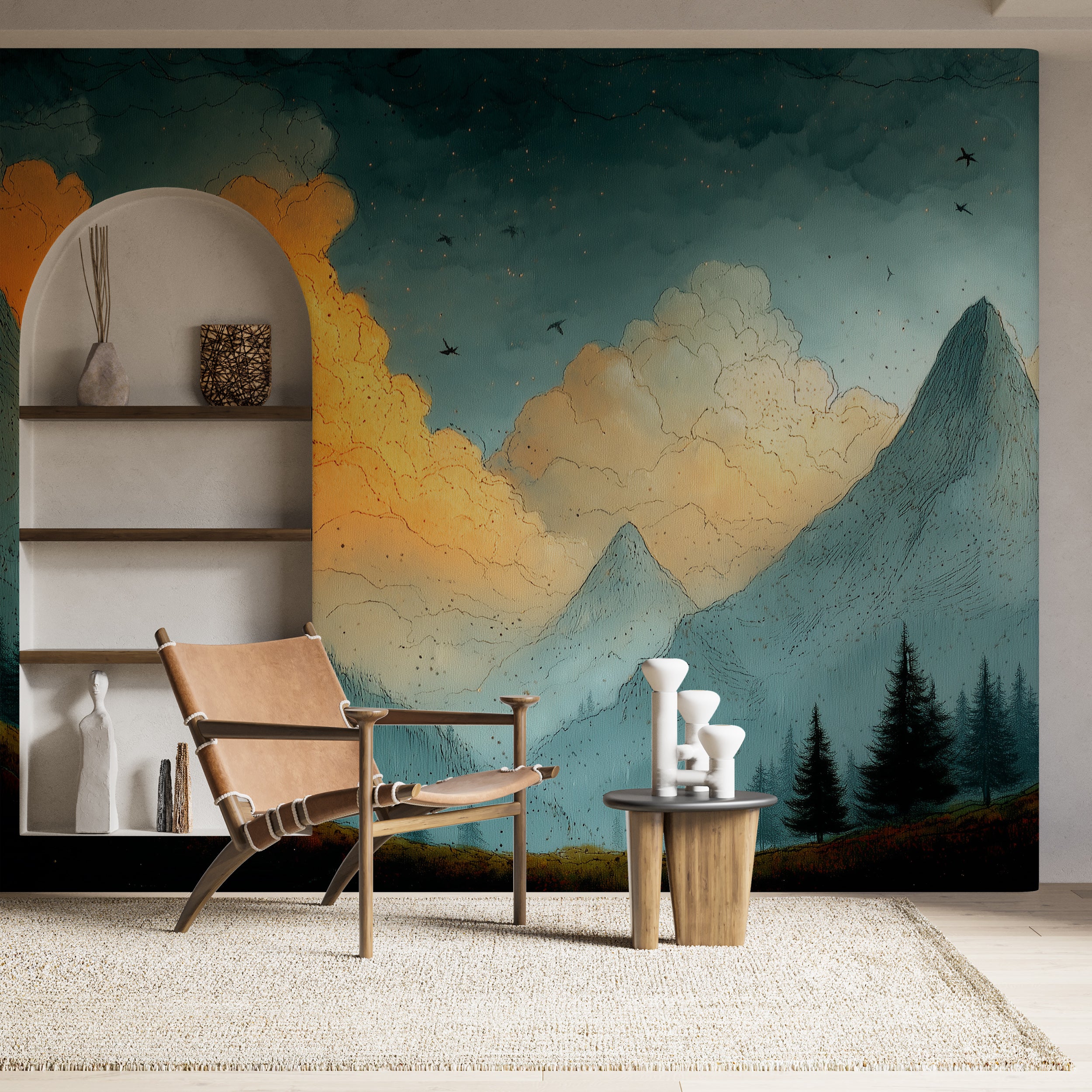 Dark Abstract Mountain Painting Wall Mural in Watercolor Style Peel and Stick Scenic Wallpaper