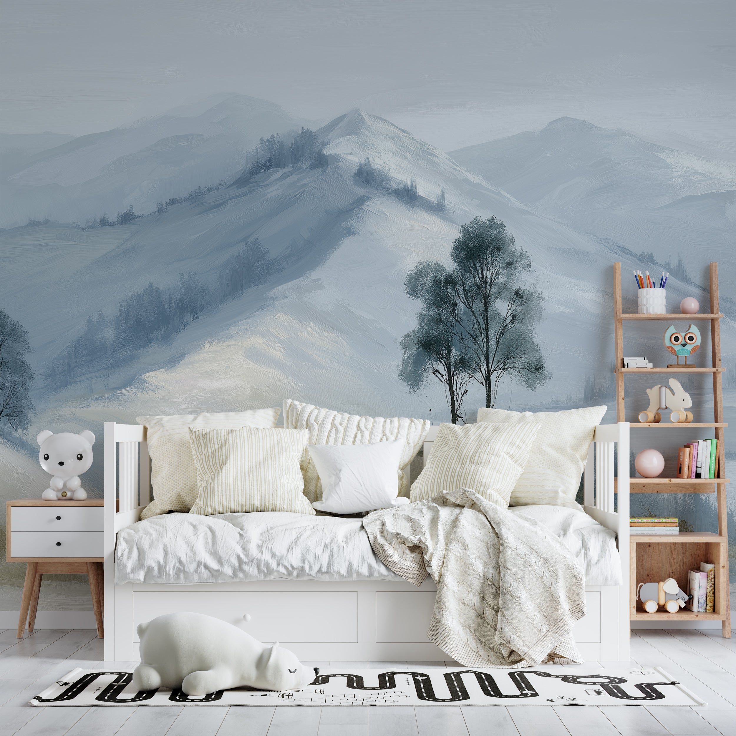 Soft Blue Delicate Mountain Landscape Mural in Removable Watercolor Style Peel and Stick Scenic Wallpaper