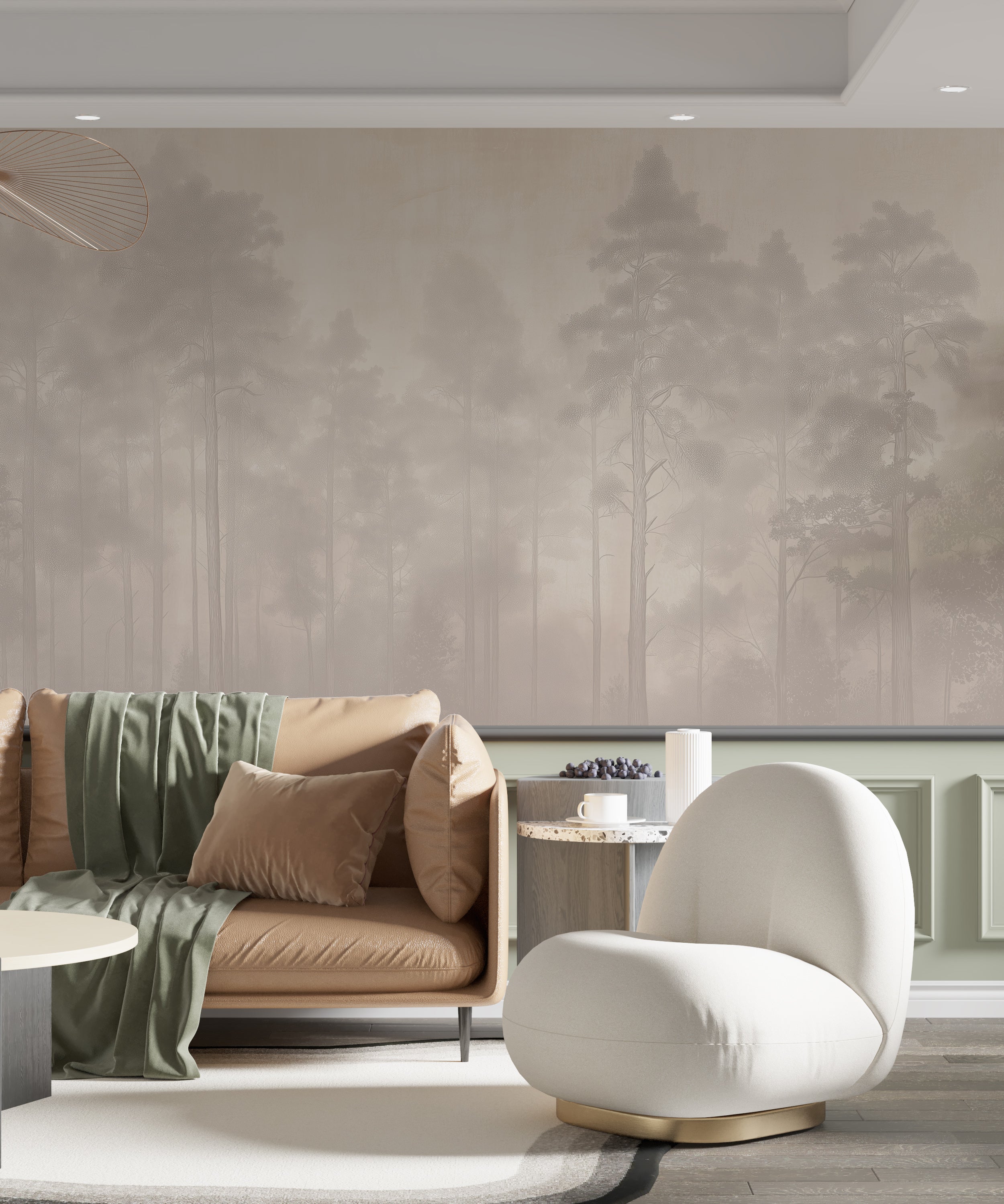 Soft Beige Washed Out Forest Wall Mural with Muted Tree Landscape Peel and Stick Neutral Wallpaper