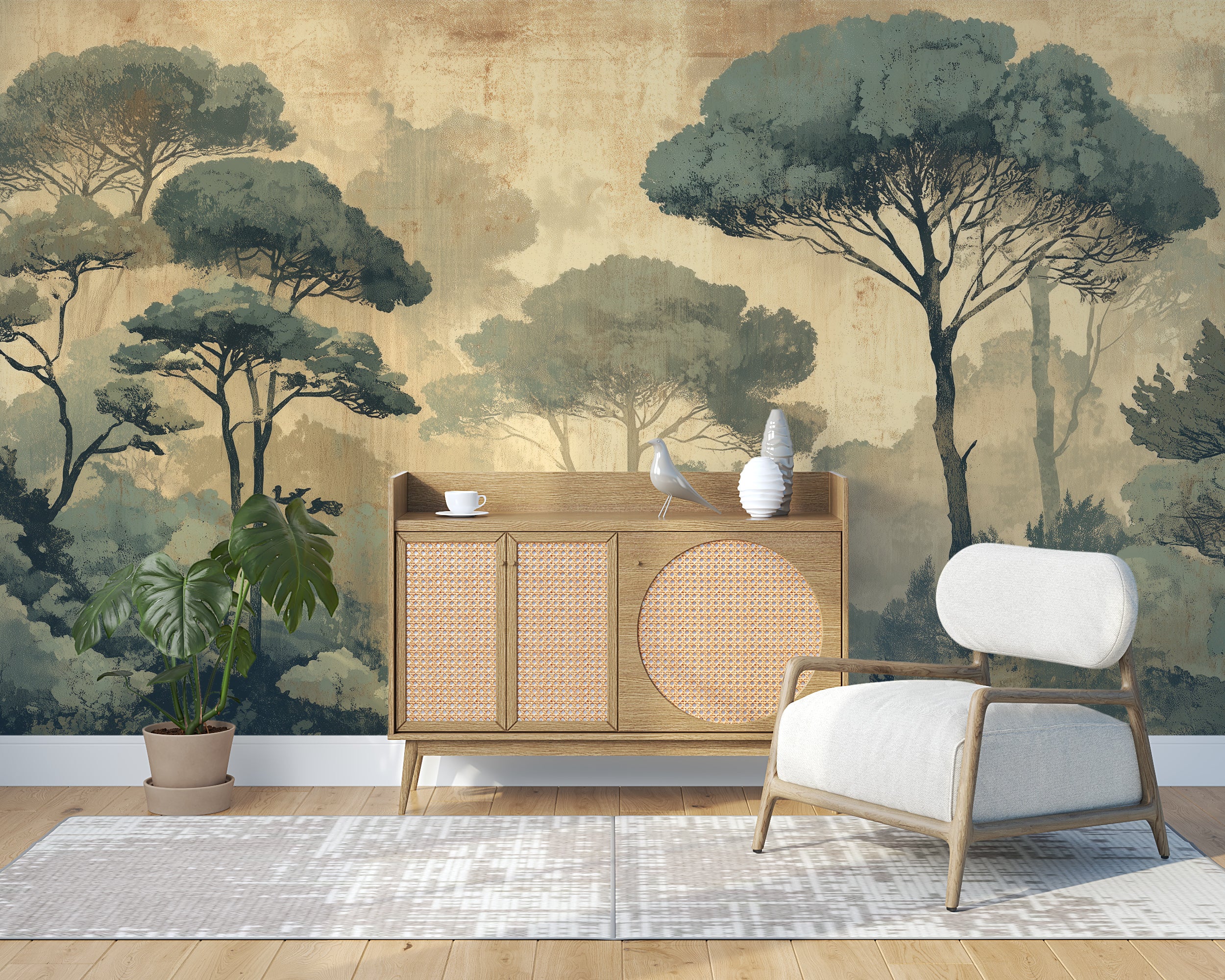Vintage rustic tropical forest mural

Green and beige jungle wall wallpaper