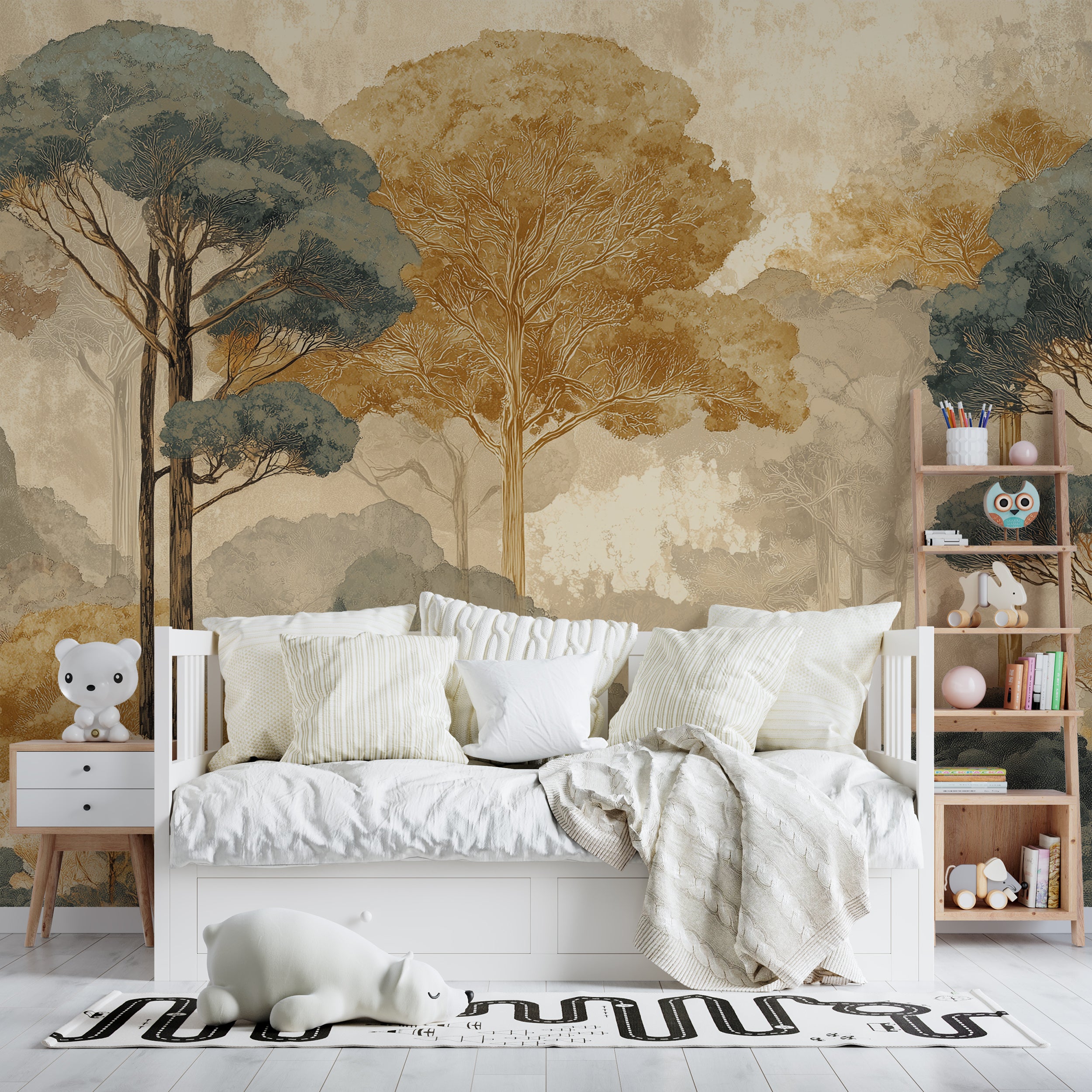 Green and Gold Trees Wall Mural in Vintage Forest Scene Peel and Stick Detailed Nature Wallpaper