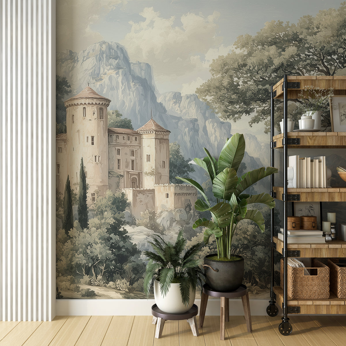 Vintage European Castle Landscape Wall Mural - Muted Scenic Wallpaper