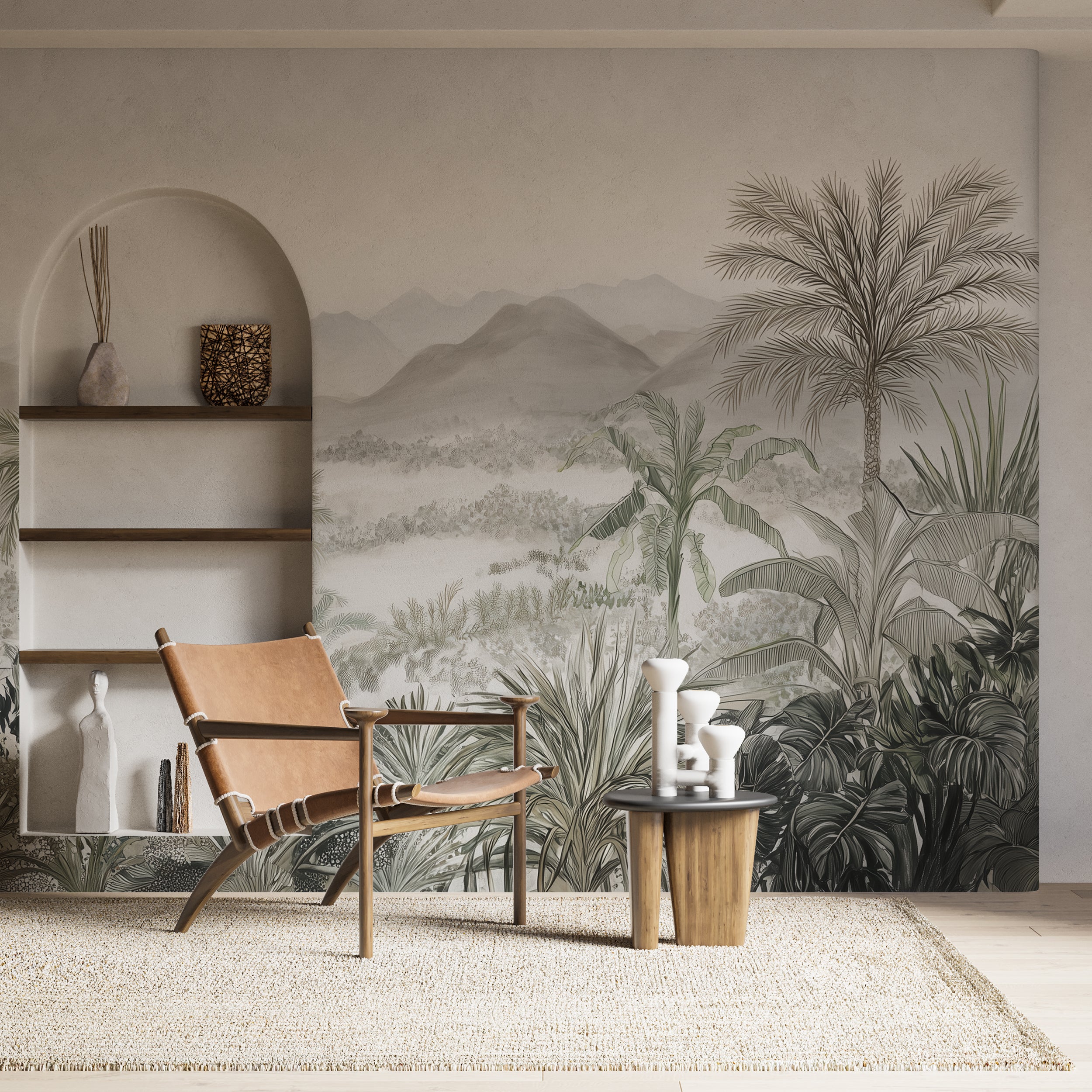 Hand-drawn palm trees mural design

Elegant jungle mural for serene decor