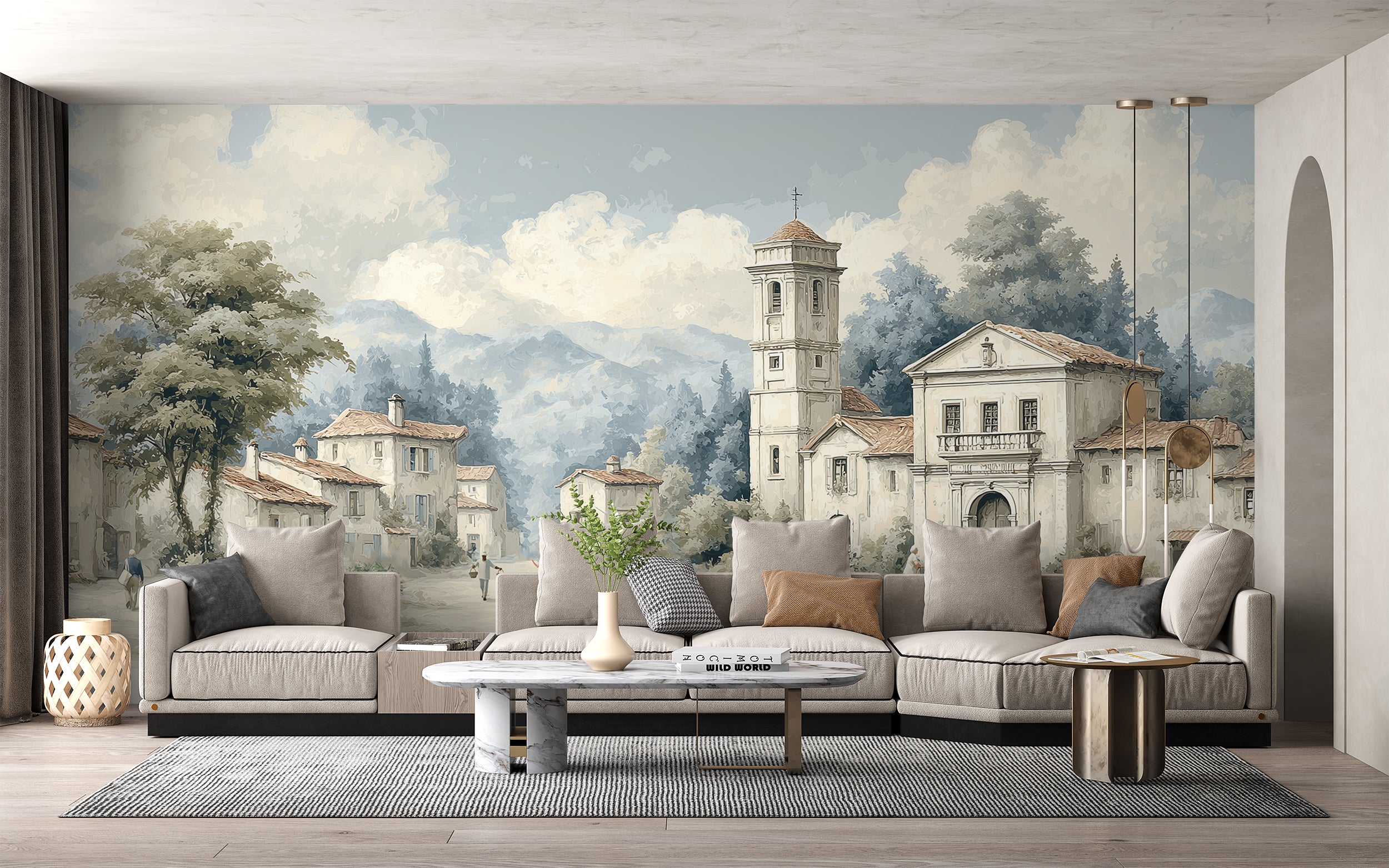 Vintage Italian Village Landscape Wall Mural in Muted Watercolor Tones