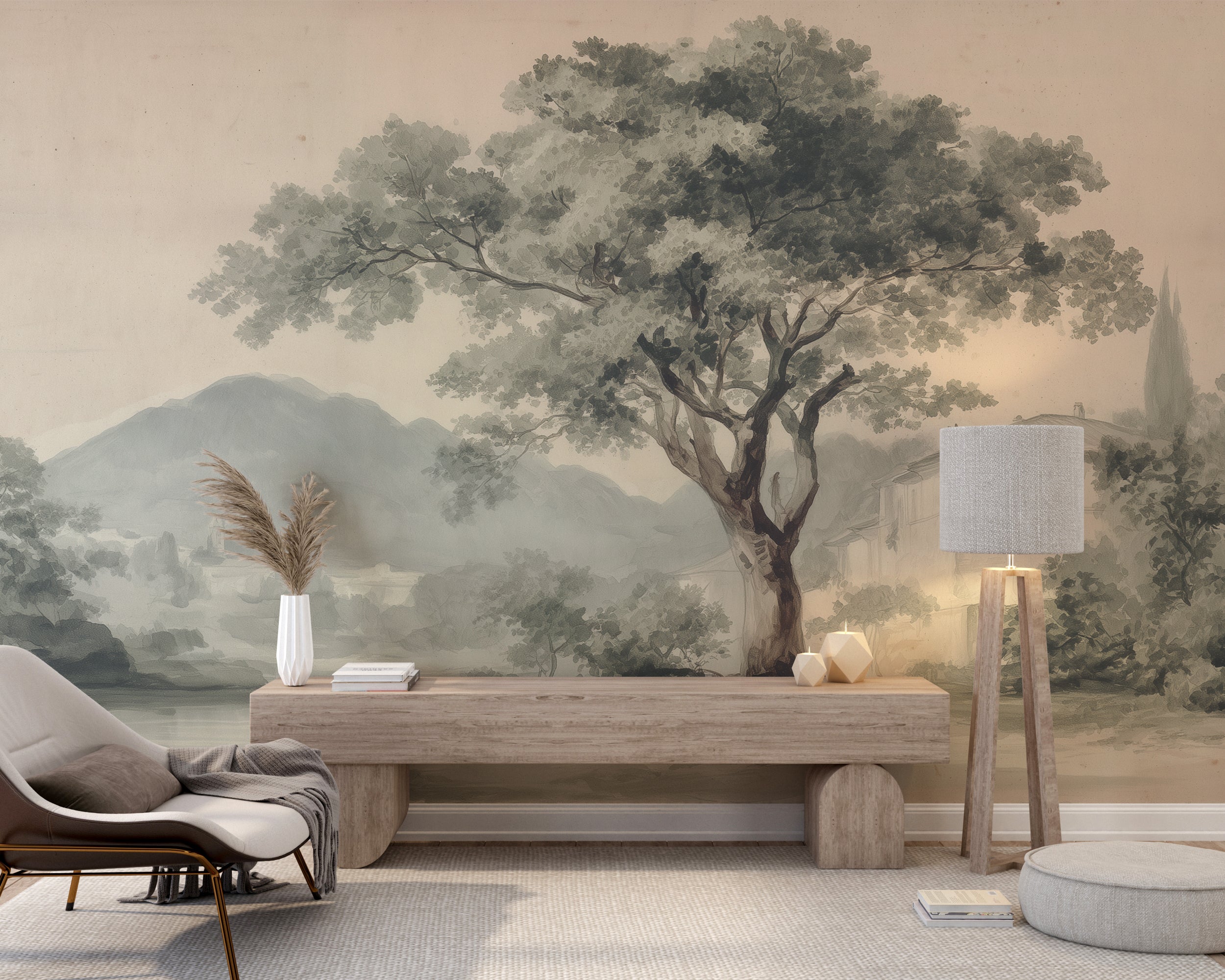 Watercolor art mural with trees and house

Classic countryside wallpaper with large tree