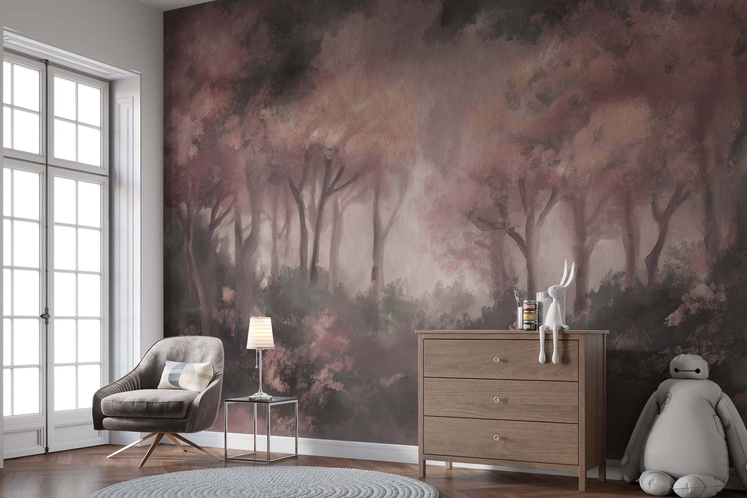 Japanese Sakura Forest Wall Mural in Gouache Style Hand Painted Pink Blossom Wallpaper