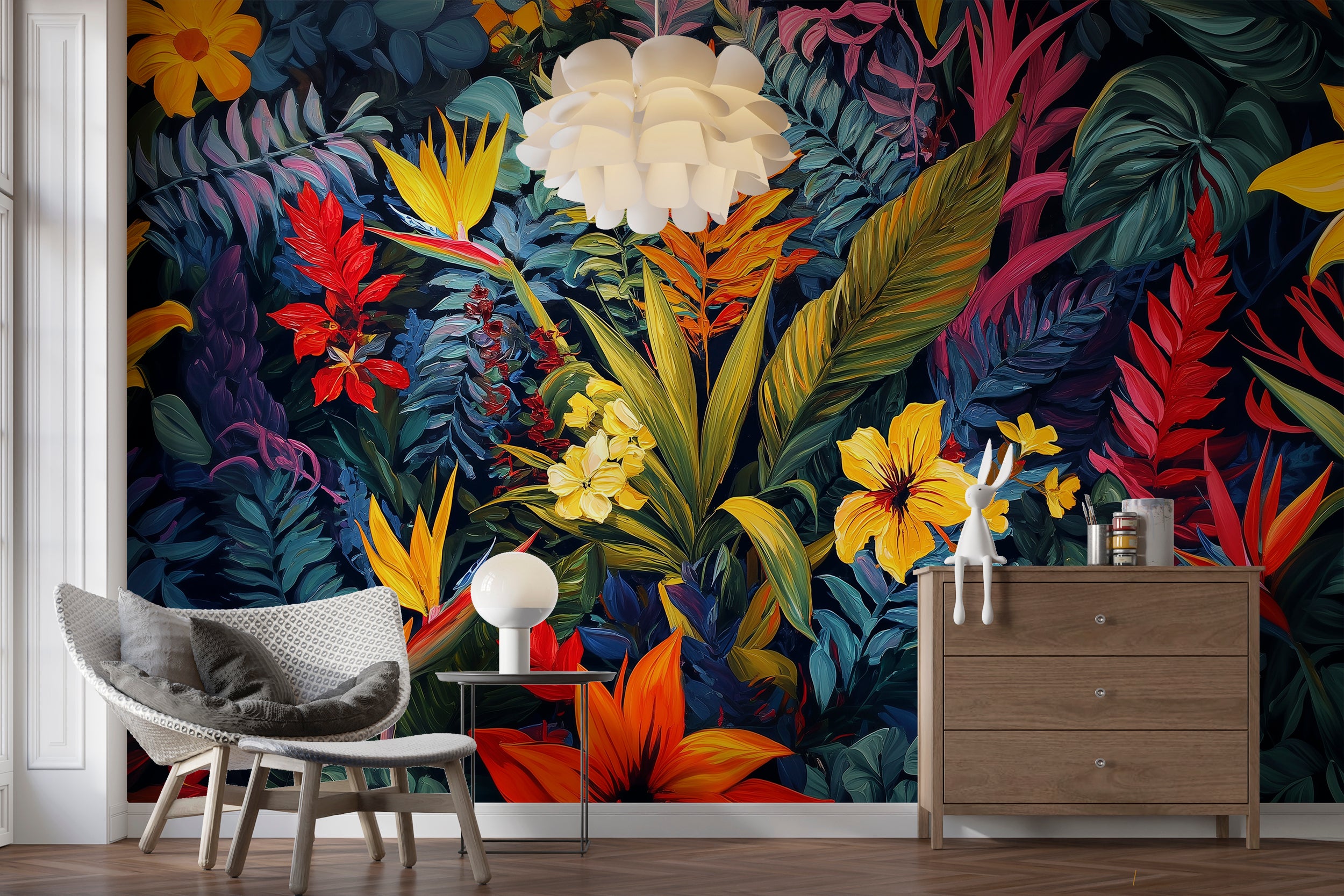 Tropical Botanical Jungle Wall Mural Bold Colorful Floral Foliage Wallpaper Exotic Rainforest Plant Design
