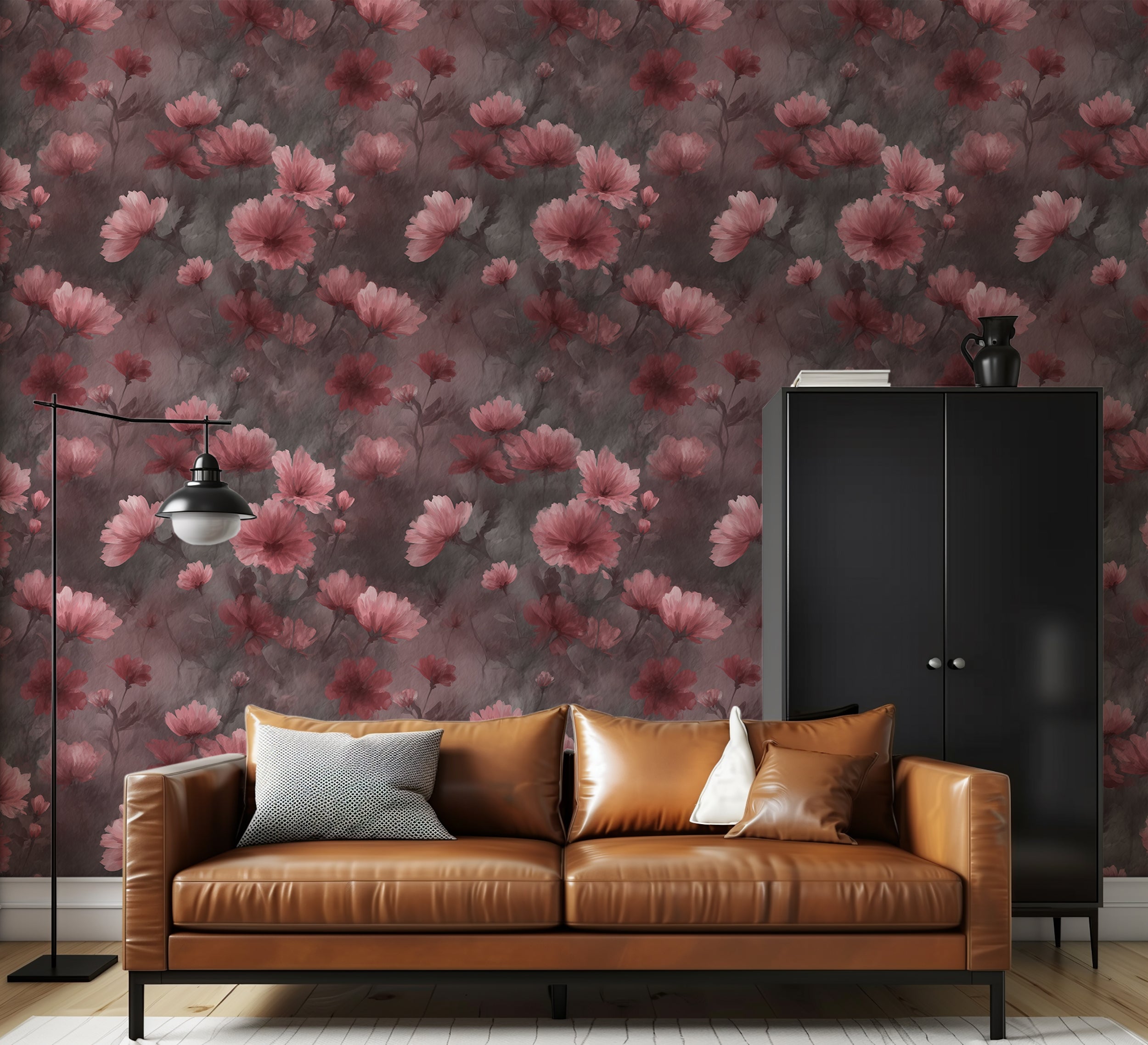 Dark Pink Watercolor Floral Wallpaper Romantic Flower Vintage Style Botanical Wall Decor