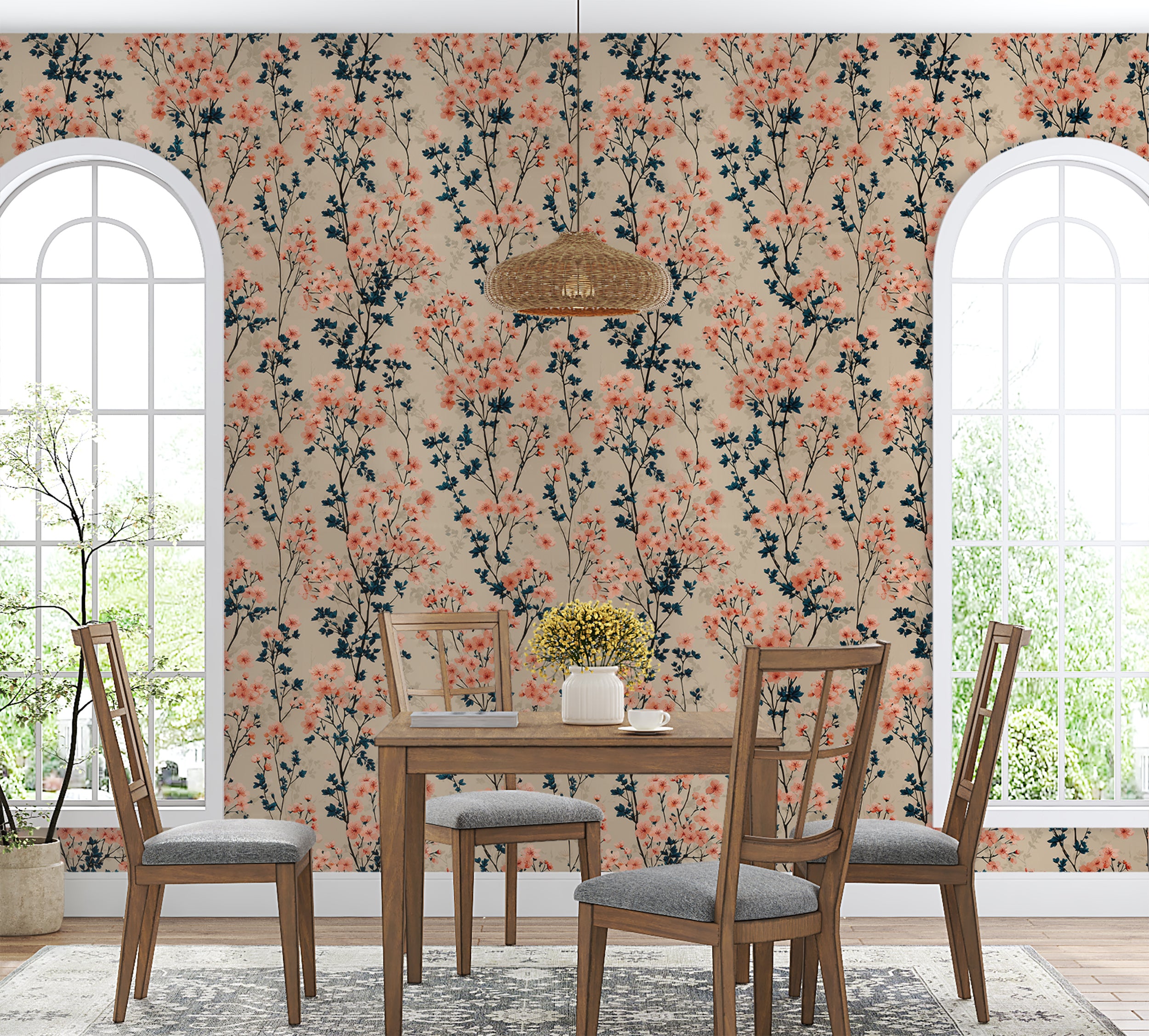 Elegant blooming branch wall pattern

Delicate spring floral wallpaper design