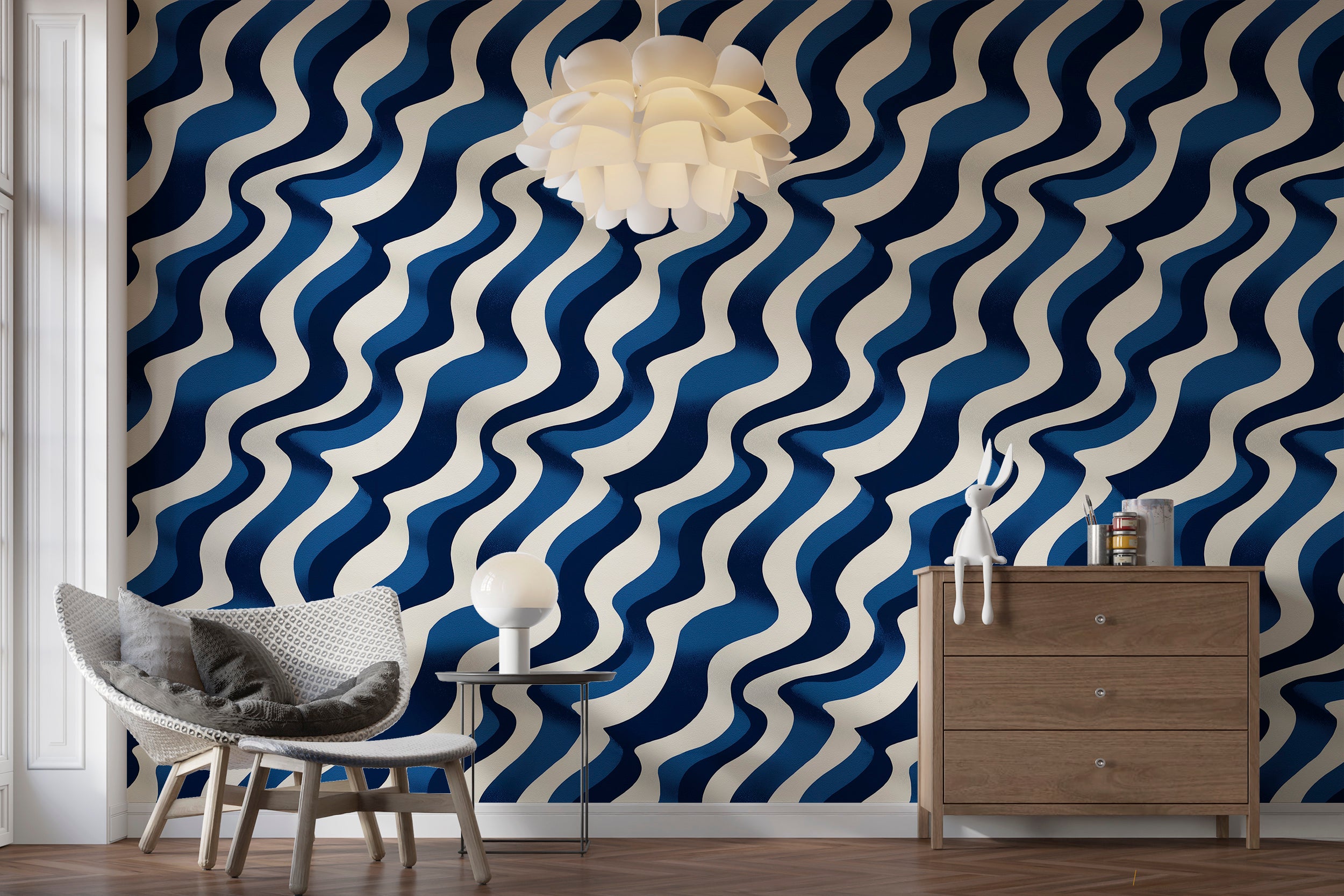 Abstract Wavy Stripe Wallpaper Pattern Deep Navy Blue and Off White Design with Organic Lines and Retro Flowing Shapes