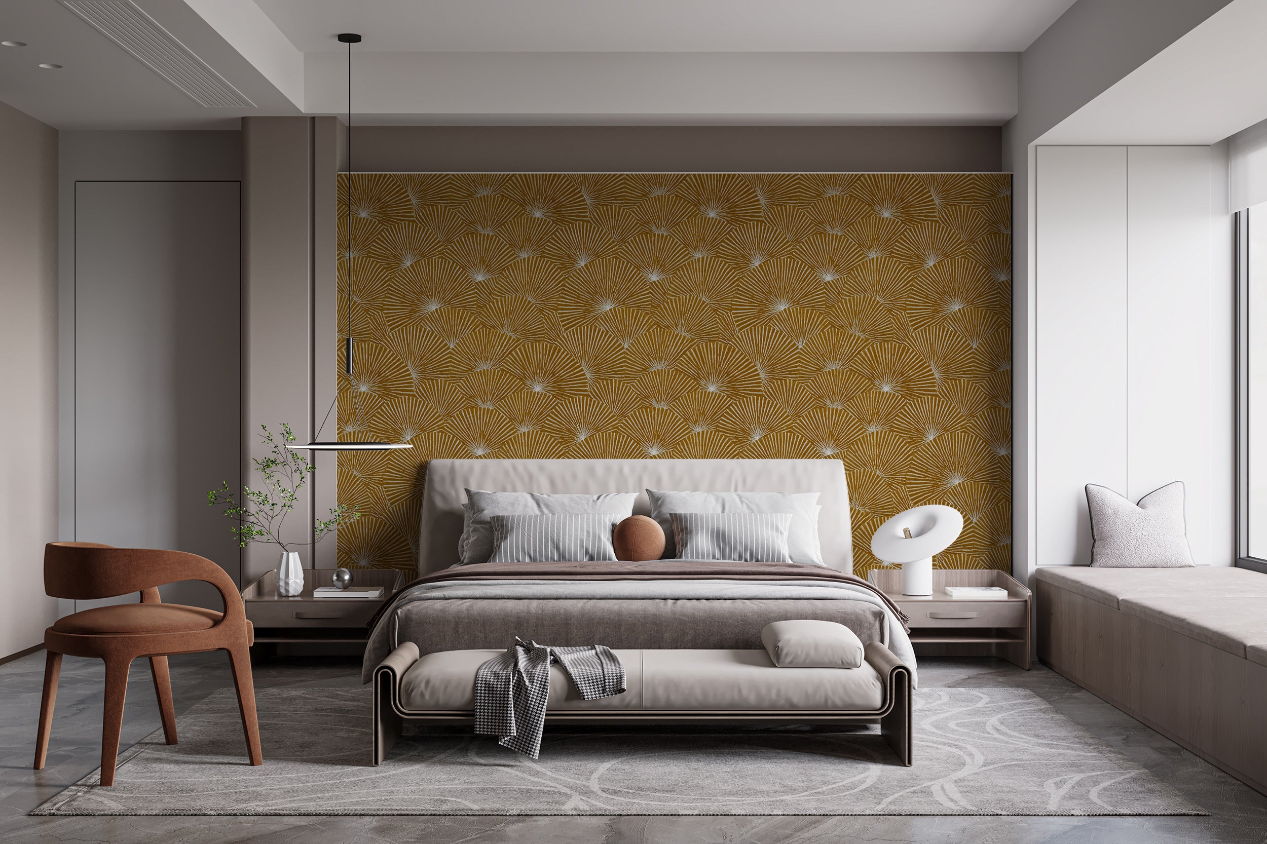 Gold Fan Wallpaper Pattern Hand Drawn Line Art Design with Radiating Shapes and Metallic Look in Warm Mustard Tones