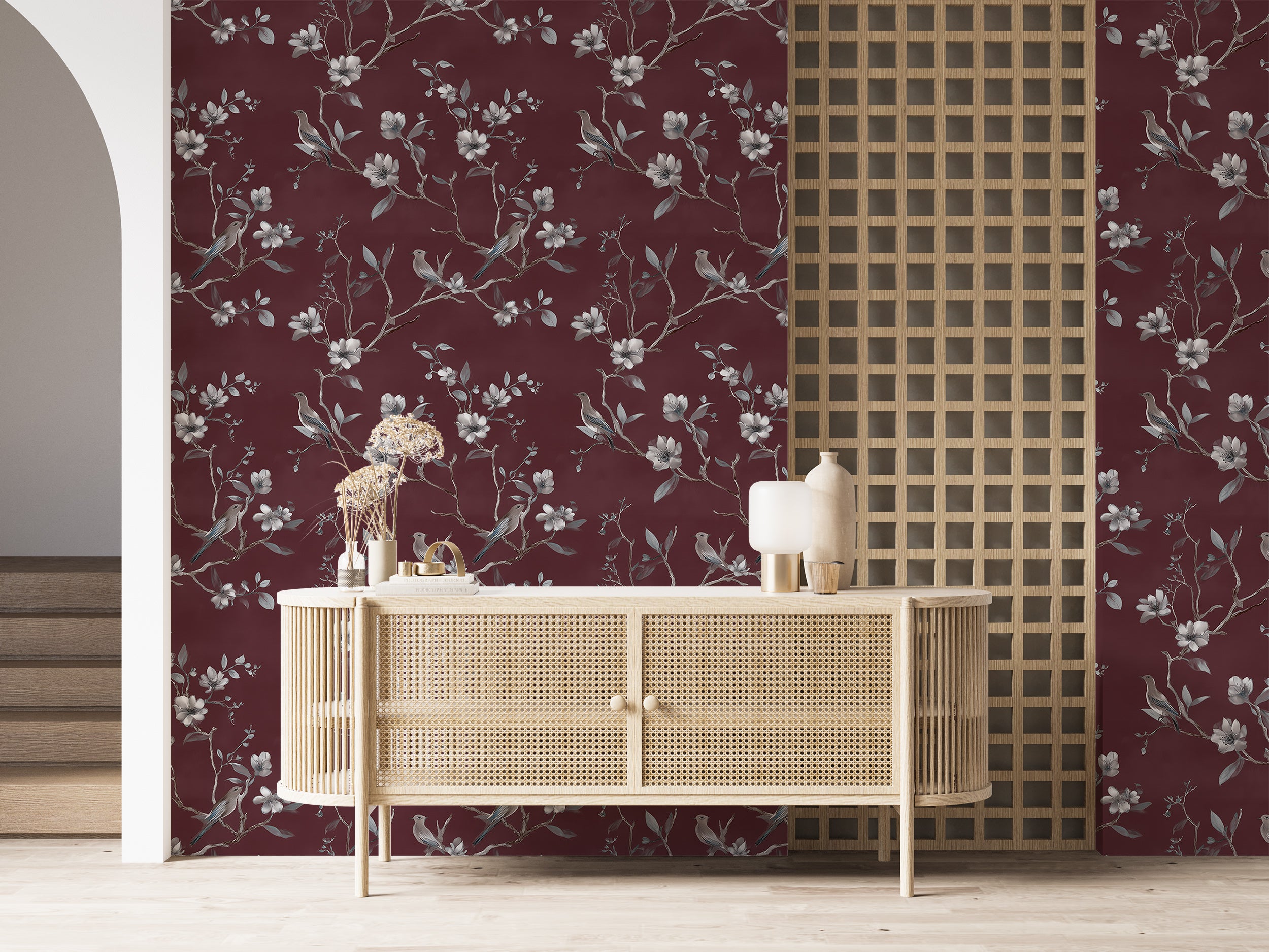 Burgundy Botanical Wallpaper With White Flowers And Birds Delicate Branches And Hand Painted Floral Pattern