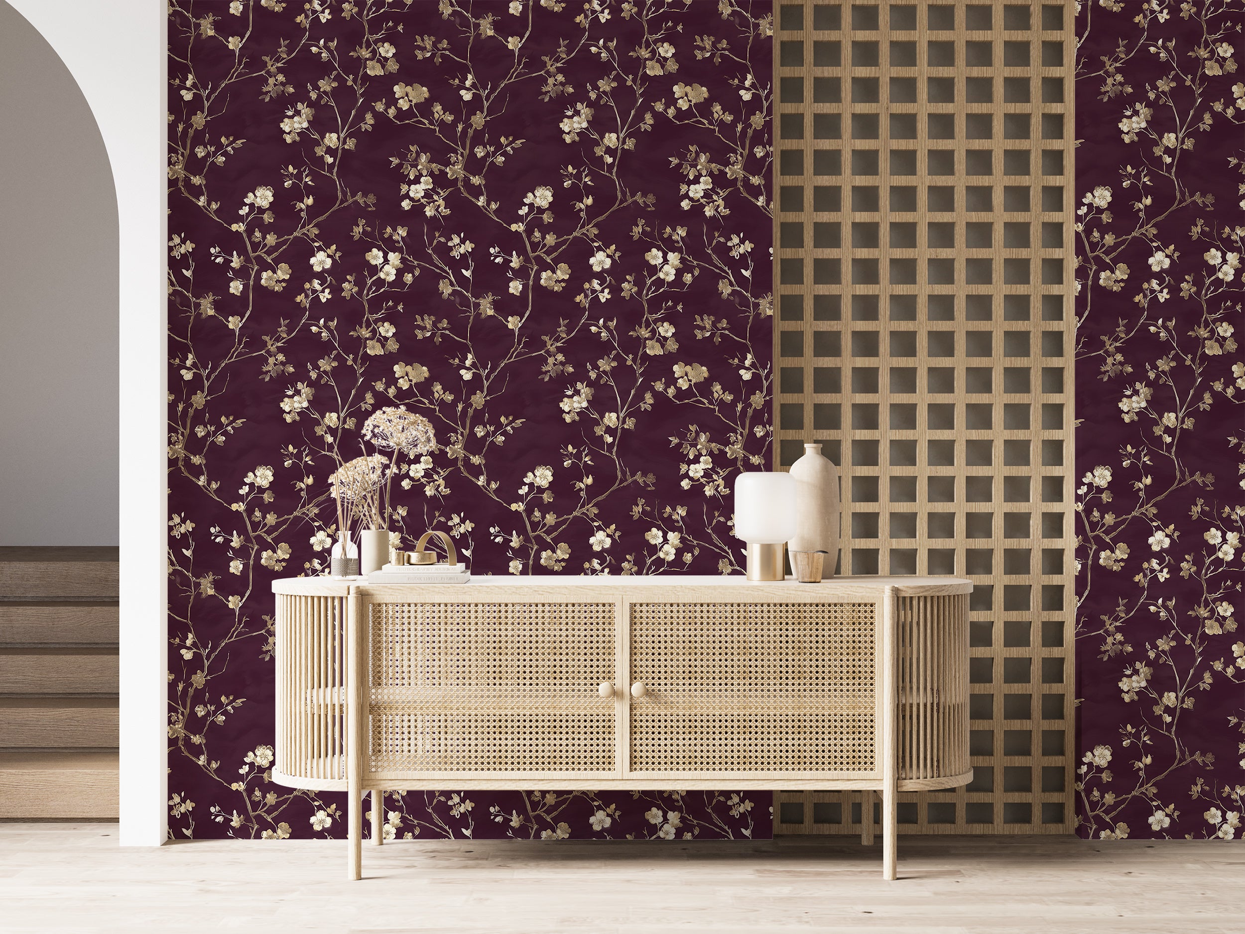 Burgundy wallpaper with golden botanical print

Artistic floral design with burgundy base