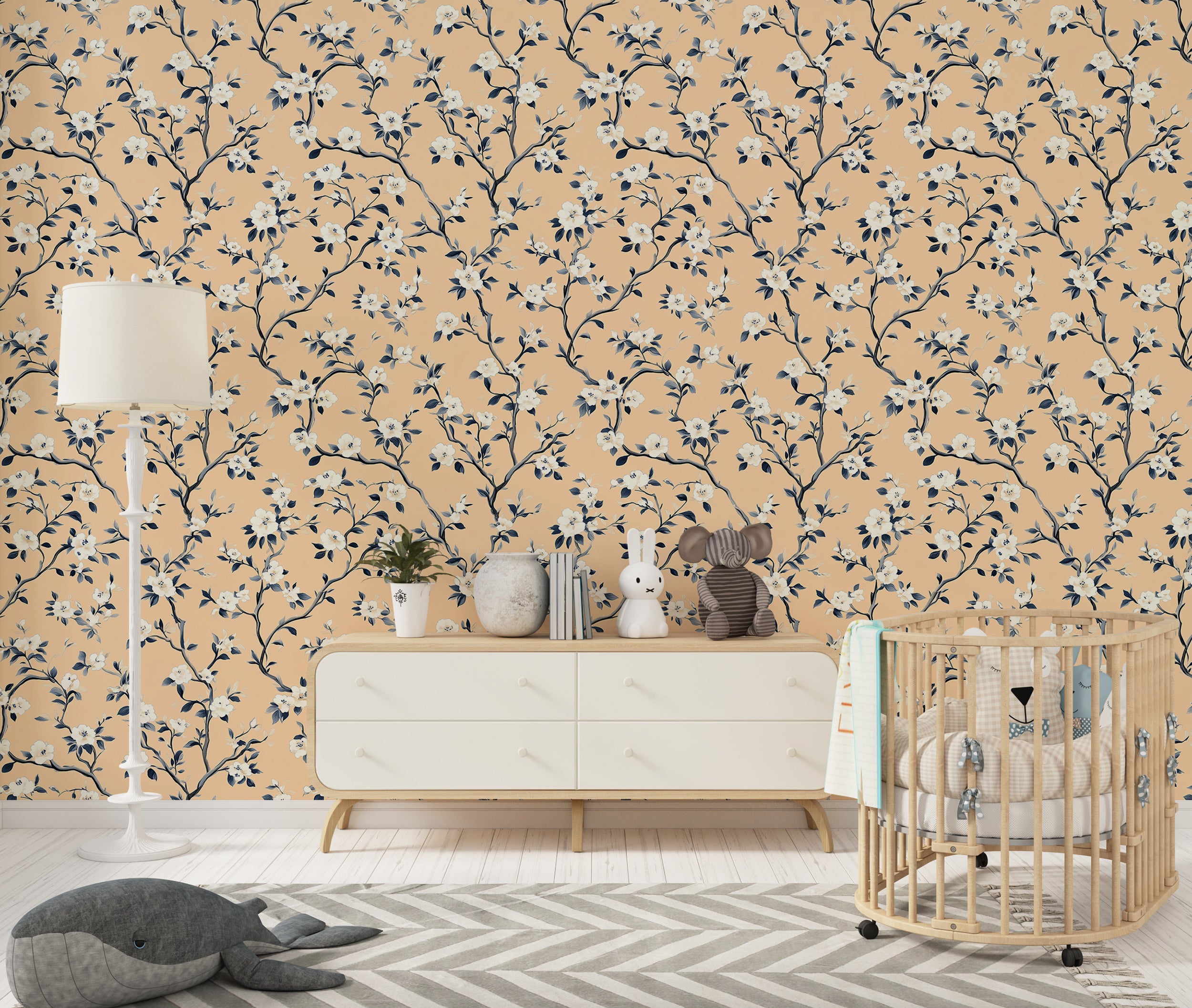 Peach Floral Wallpaper With White Blossom Pattern Branch Design On Soft Warm Background Traditional Botanical Wallpaper