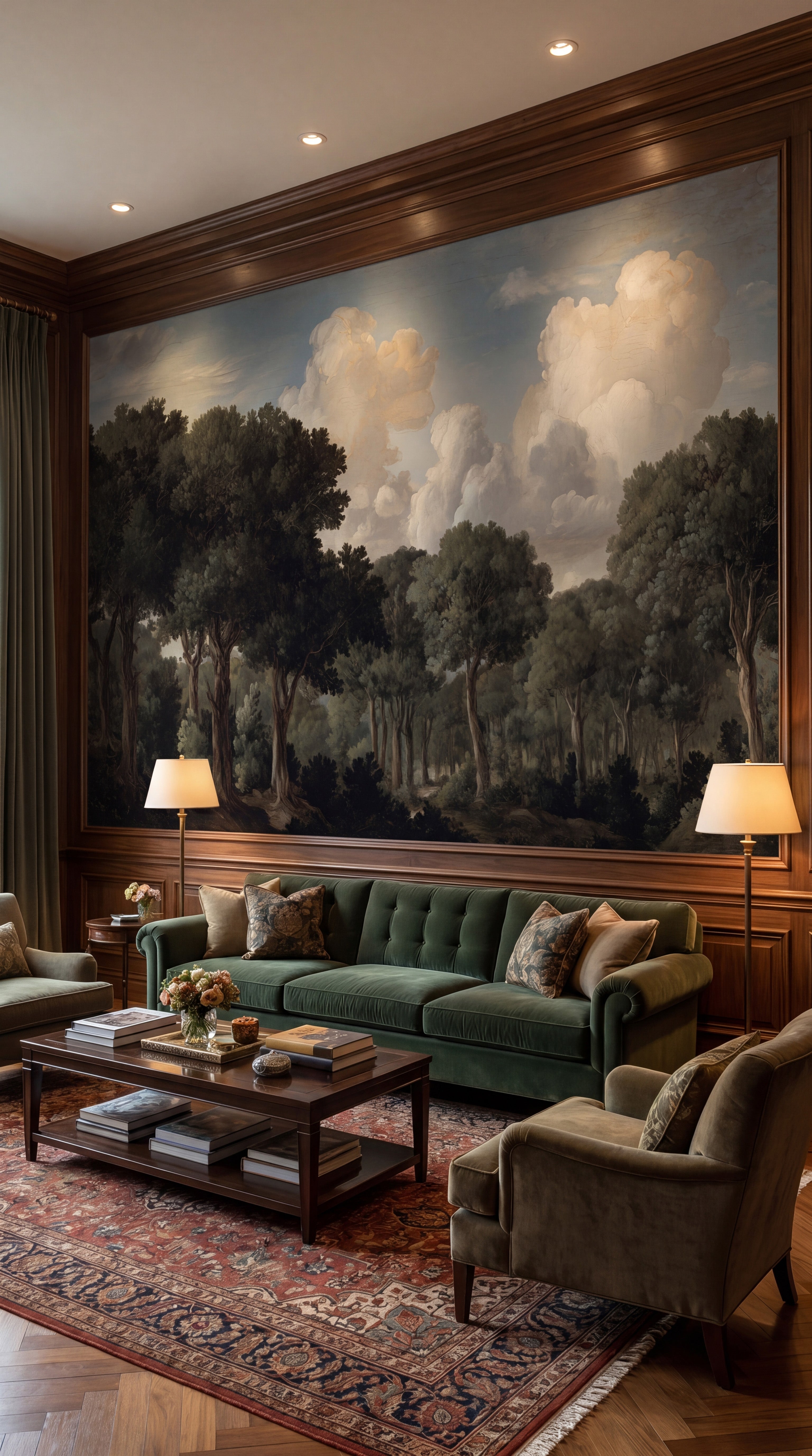 forest landscape wall mural vintage style
woodland painting wallpaper trees and sky