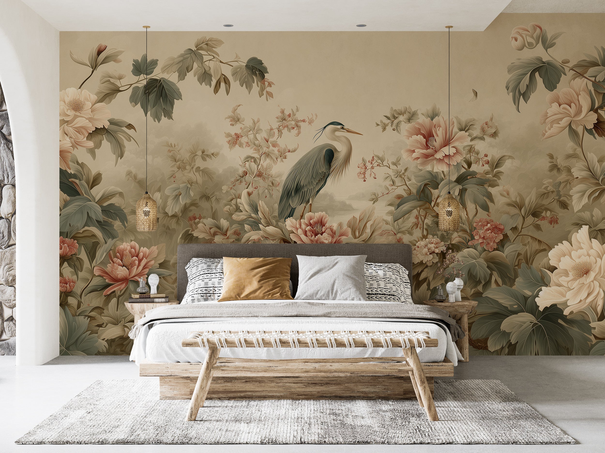classic chinoiserie wall art mural
luxury neutral wallpaper with crane