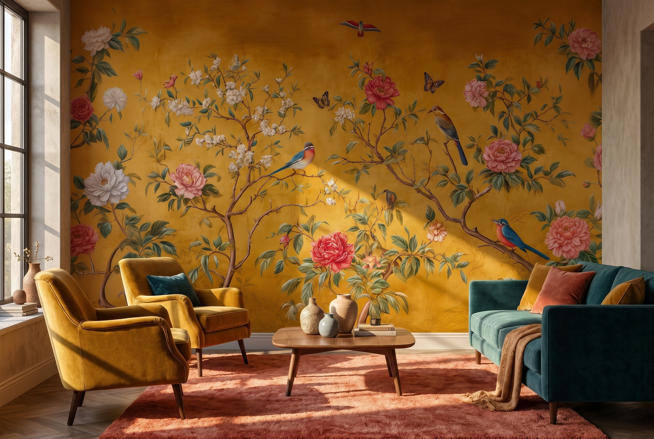 decorative asian wallpaper scenic garden
luxury chinoiserie wall art yellow tone