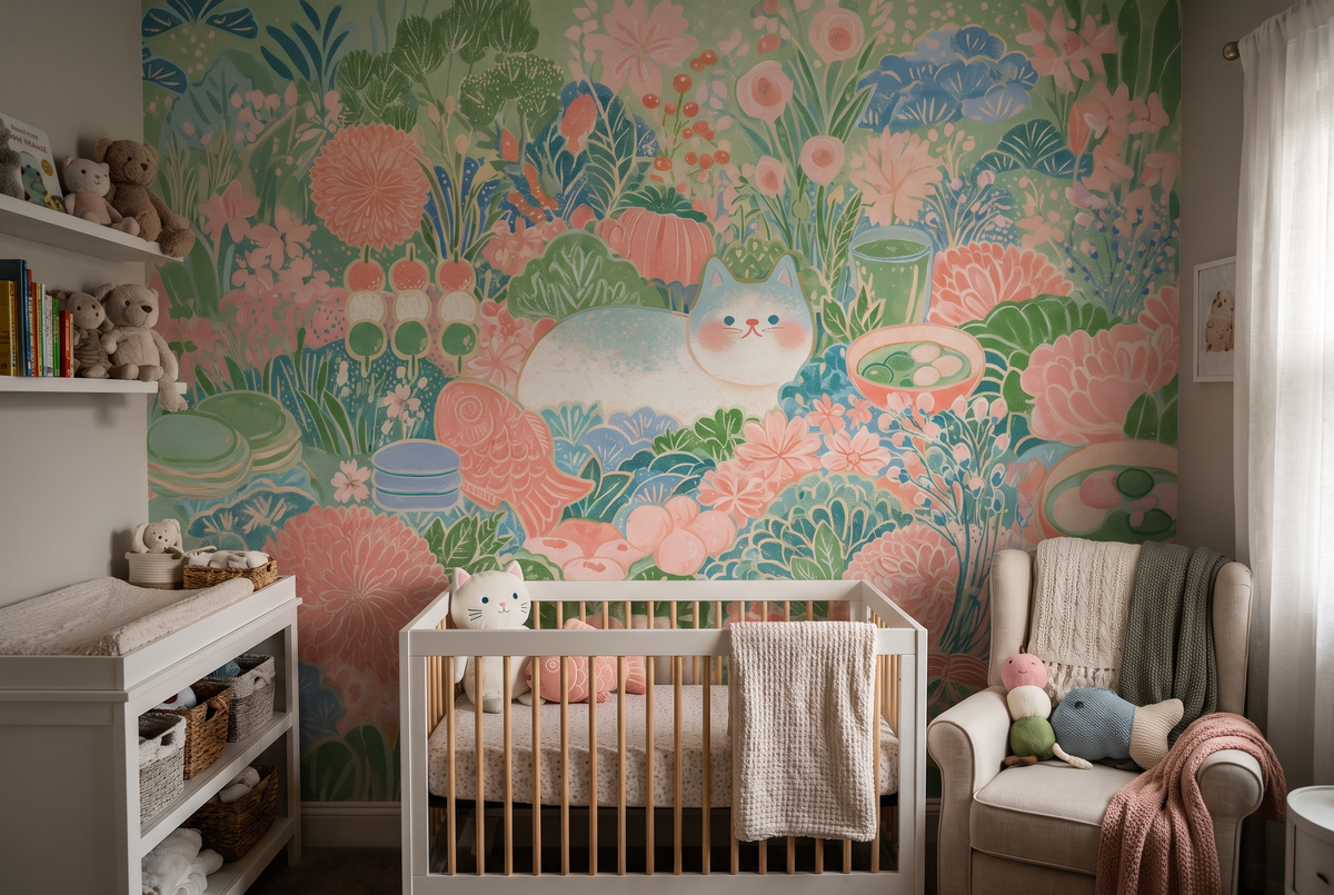 pastel Japanese floral wallpaper with adorable cat
whimsical Japanese garden pattern wallpaper